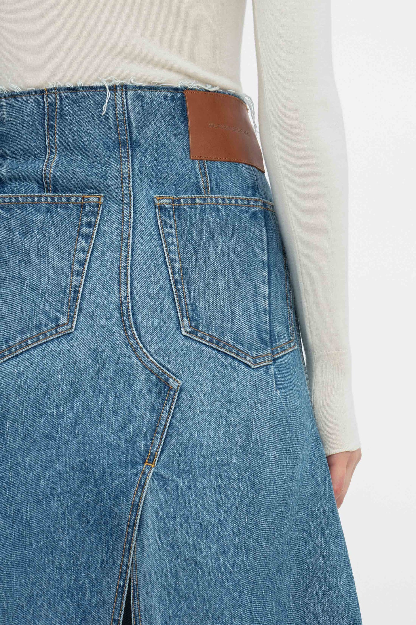 Deconstructed Denim Midi Skirt In Vintage Wash