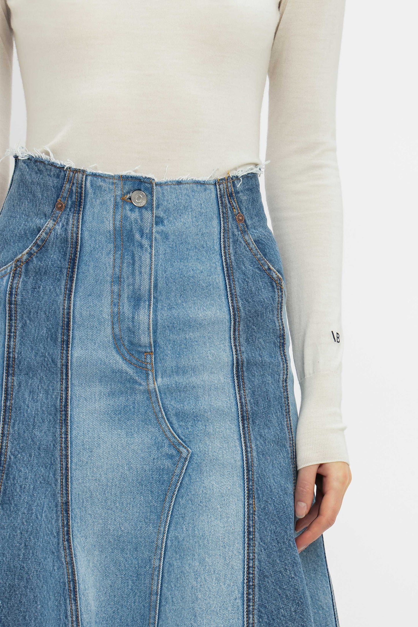 Deconstructed Denim Midi Skirt In Vintage Wash