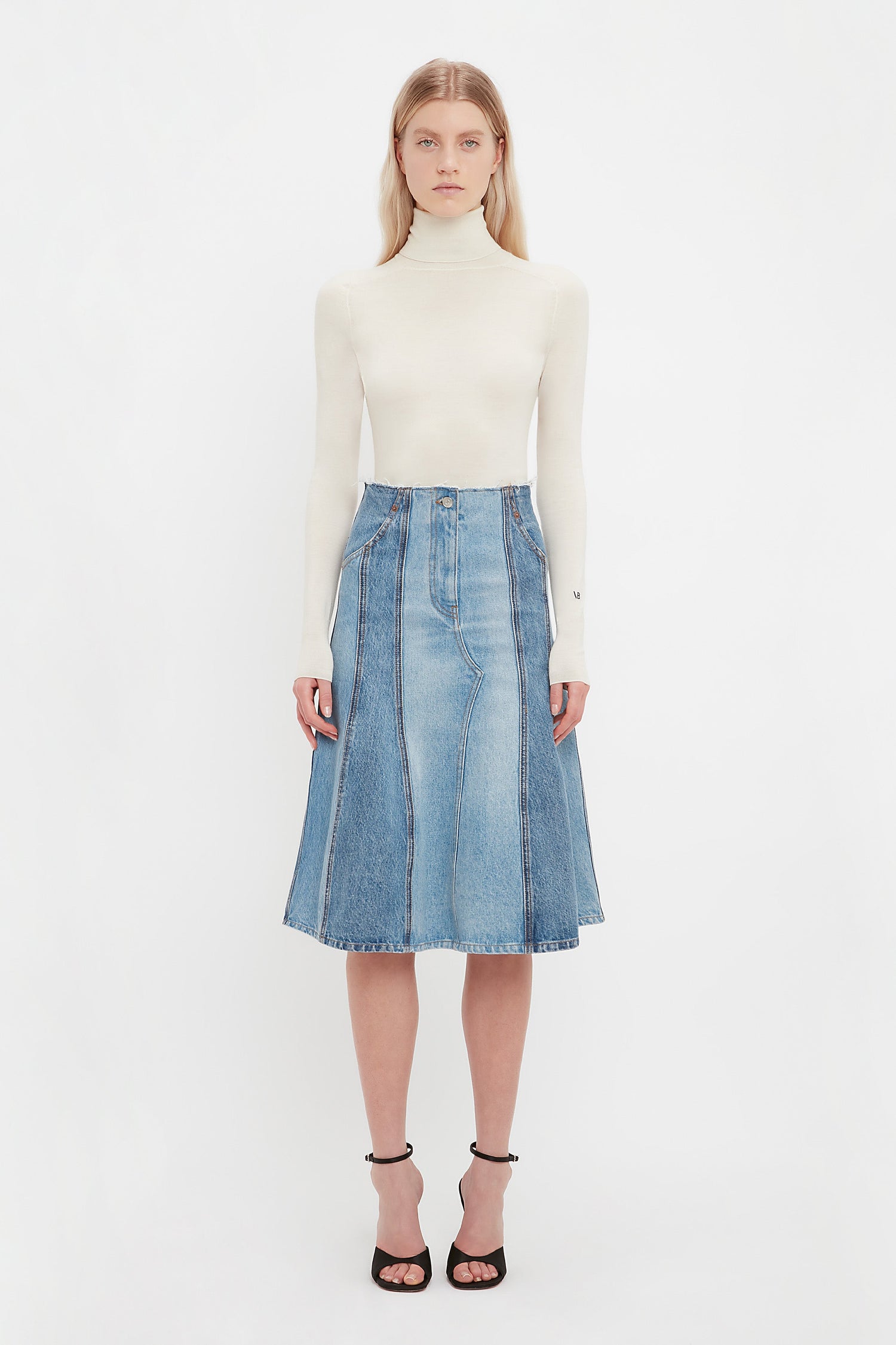 Deconstructed Denim Midi Skirt In Vintage Wash