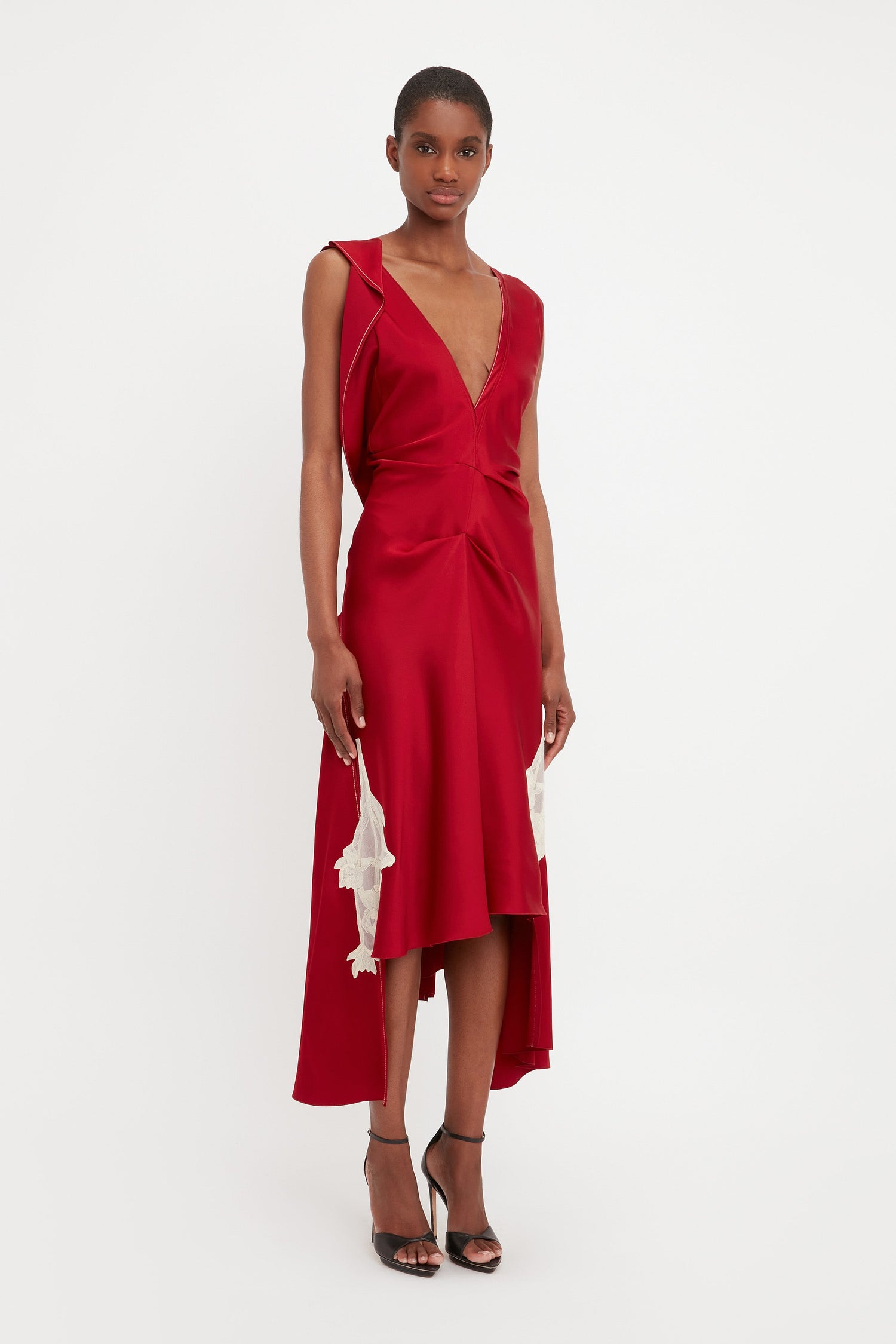 Draped Lace Midi Dress In Poppy Red