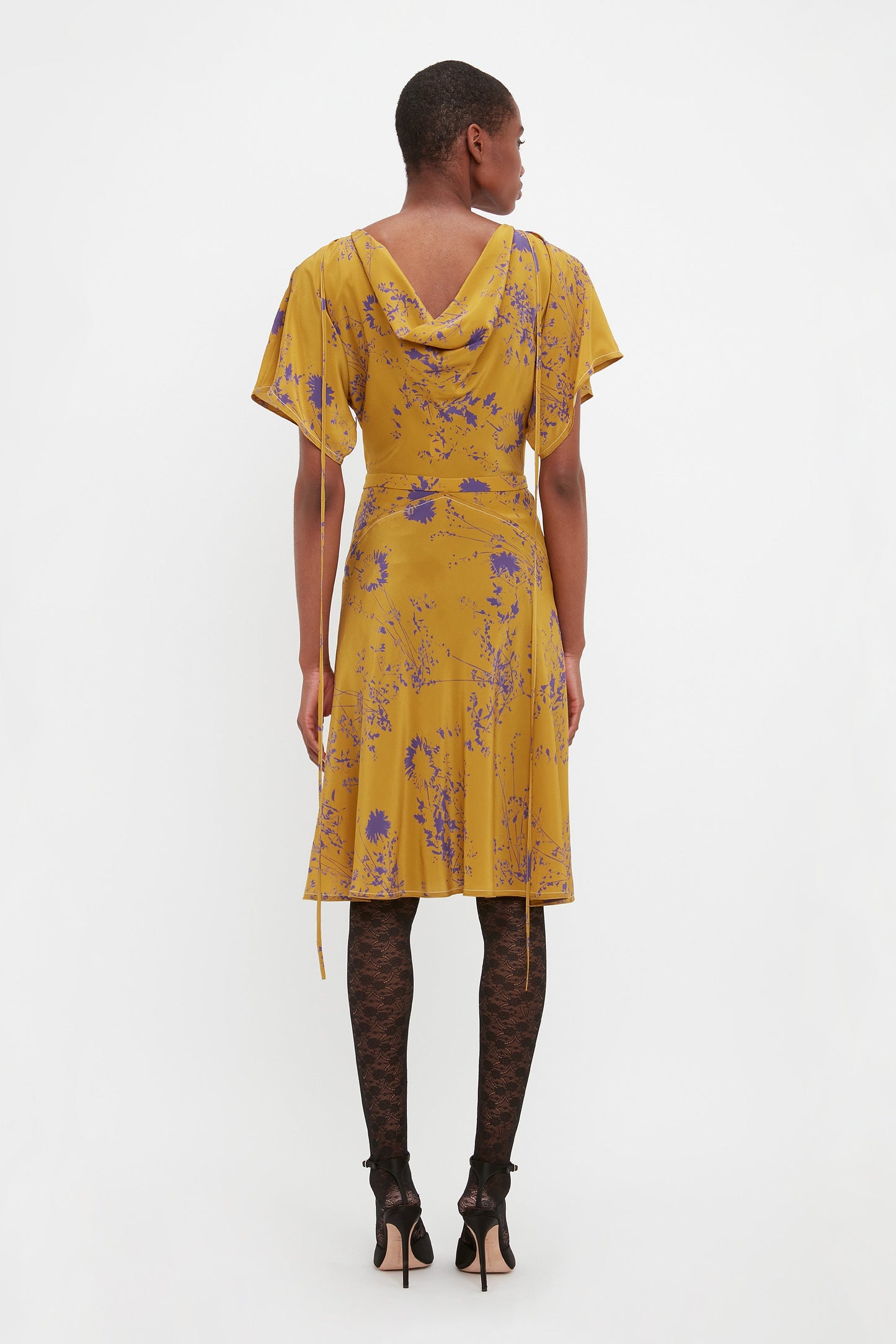Draped Sleeve Cut Out Mini Dress In Yellow Ochre