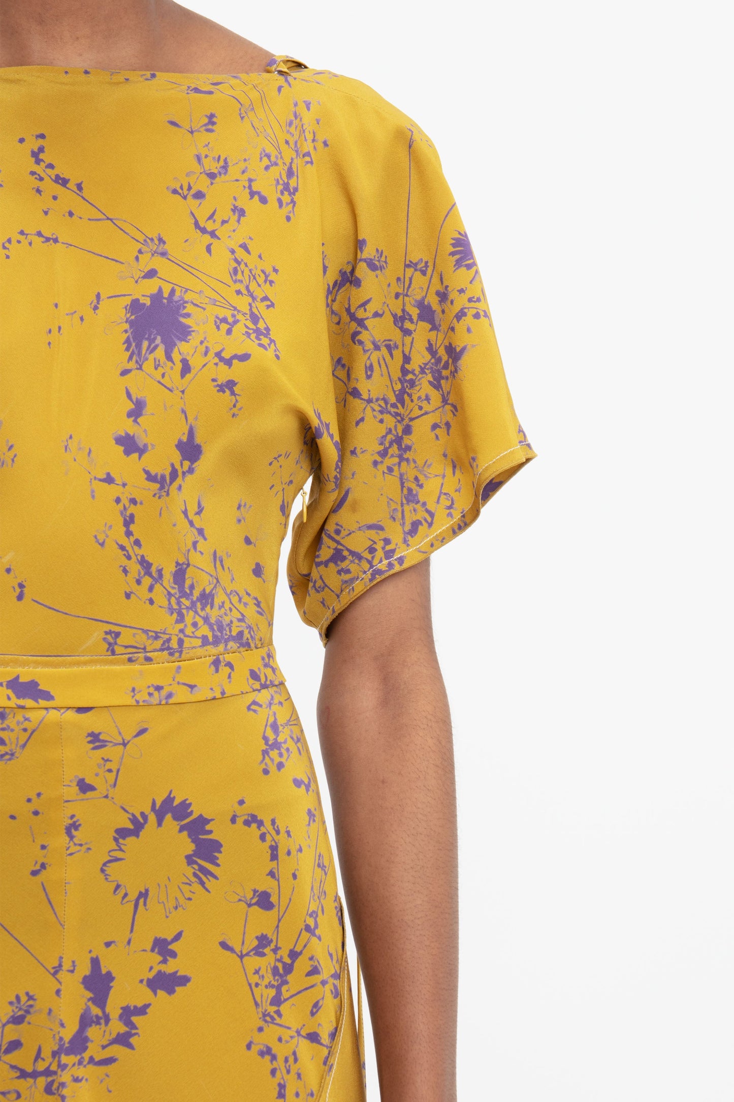 Draped Sleeve Cut Out Mini Dress In Yellow Ochre