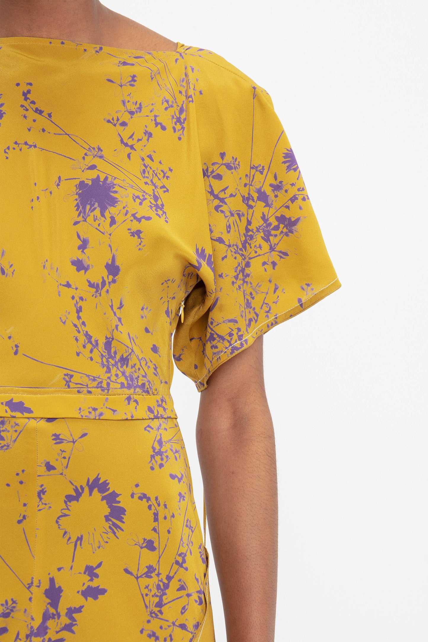 Draped Sleeve Cut Out Mini Dress In Yellow Ochre