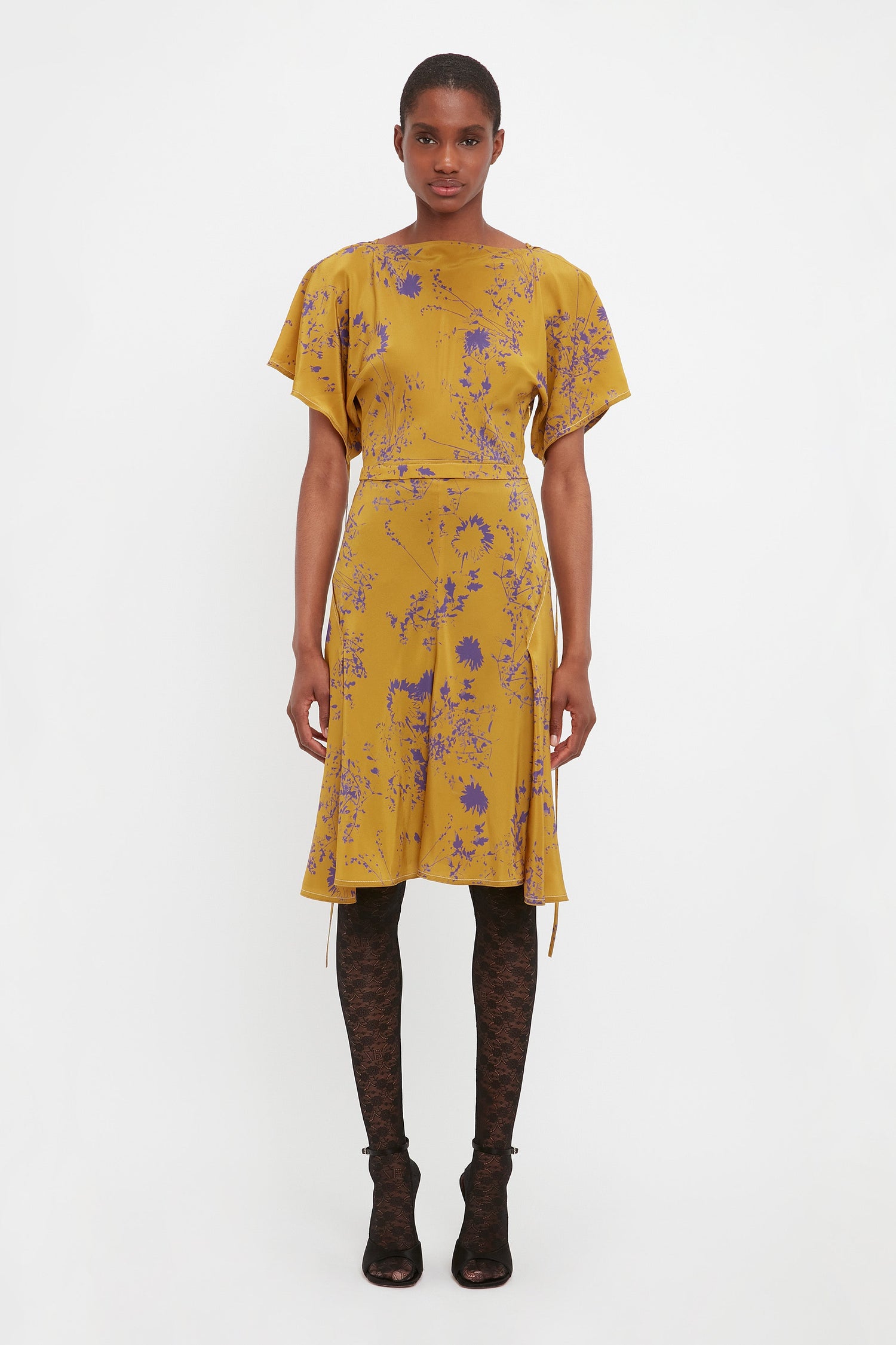 Draped Sleeve Cut Out Mini Dress In Yellow Ochre