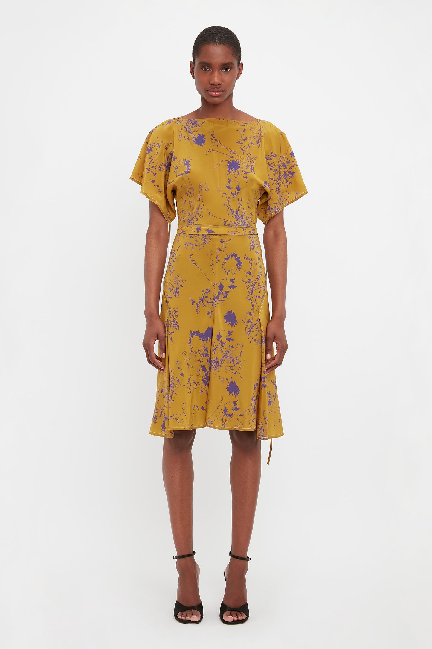 Draped Sleeve Cut Out Mini Dress In Yellow Ochre