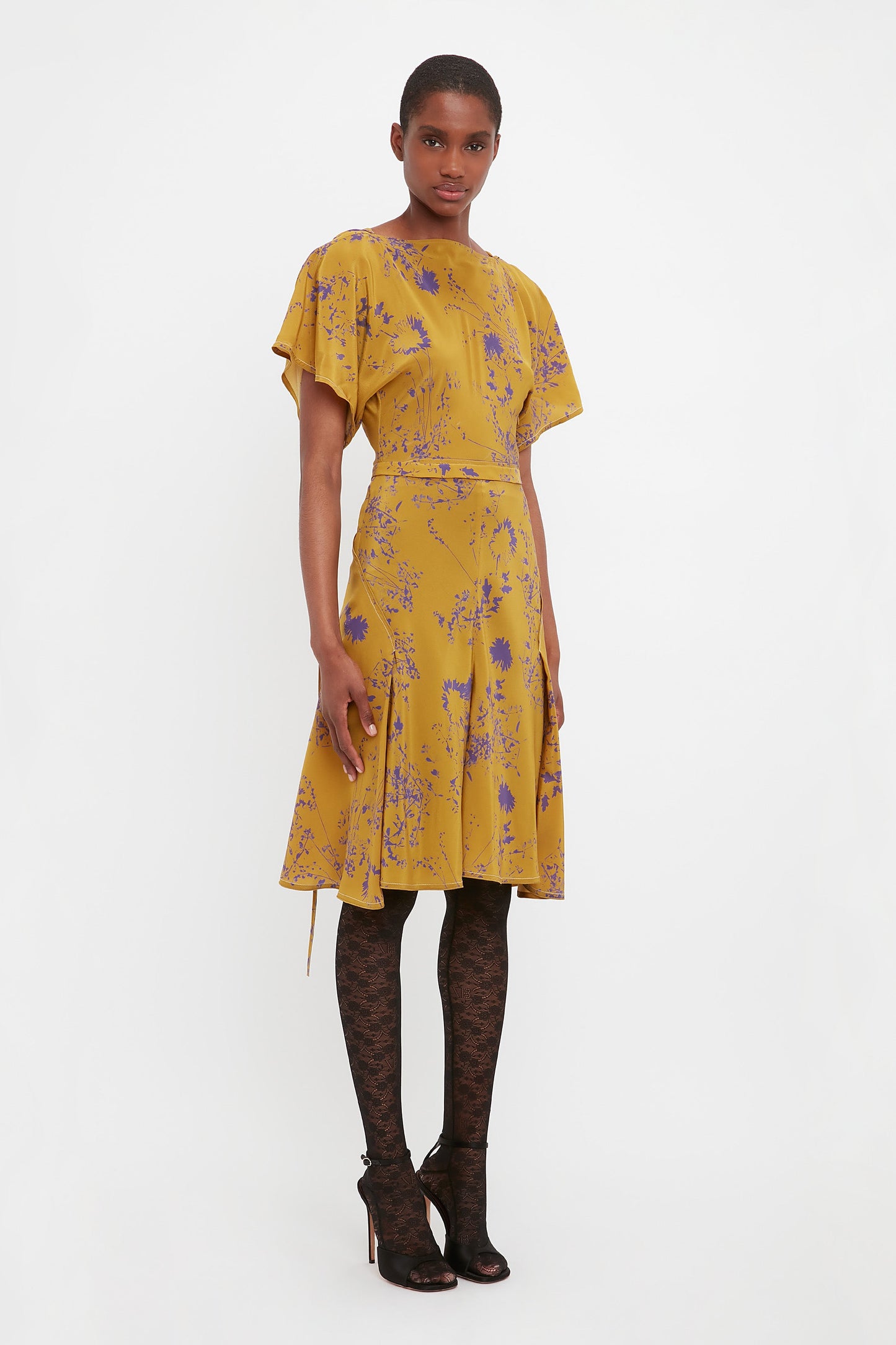 Draped Sleeve Cut Out Mini Dress In Yellow Ochre