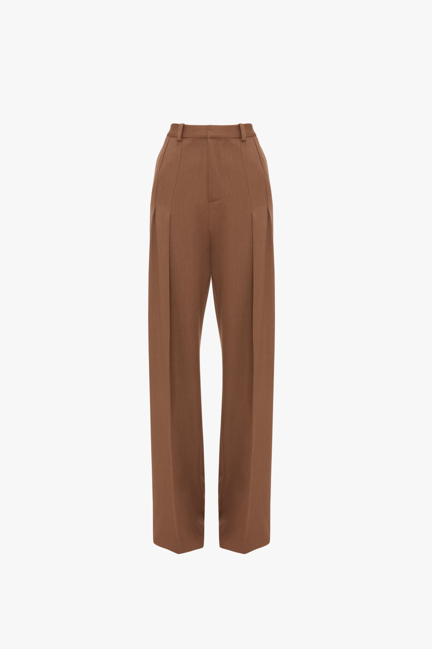 The Victoria Beckham Front Pleat Trousers in Fawn feature a high waist, wide legs, pleated front, and belt loops—an effortless wardrobe essential shown on a plain white background.