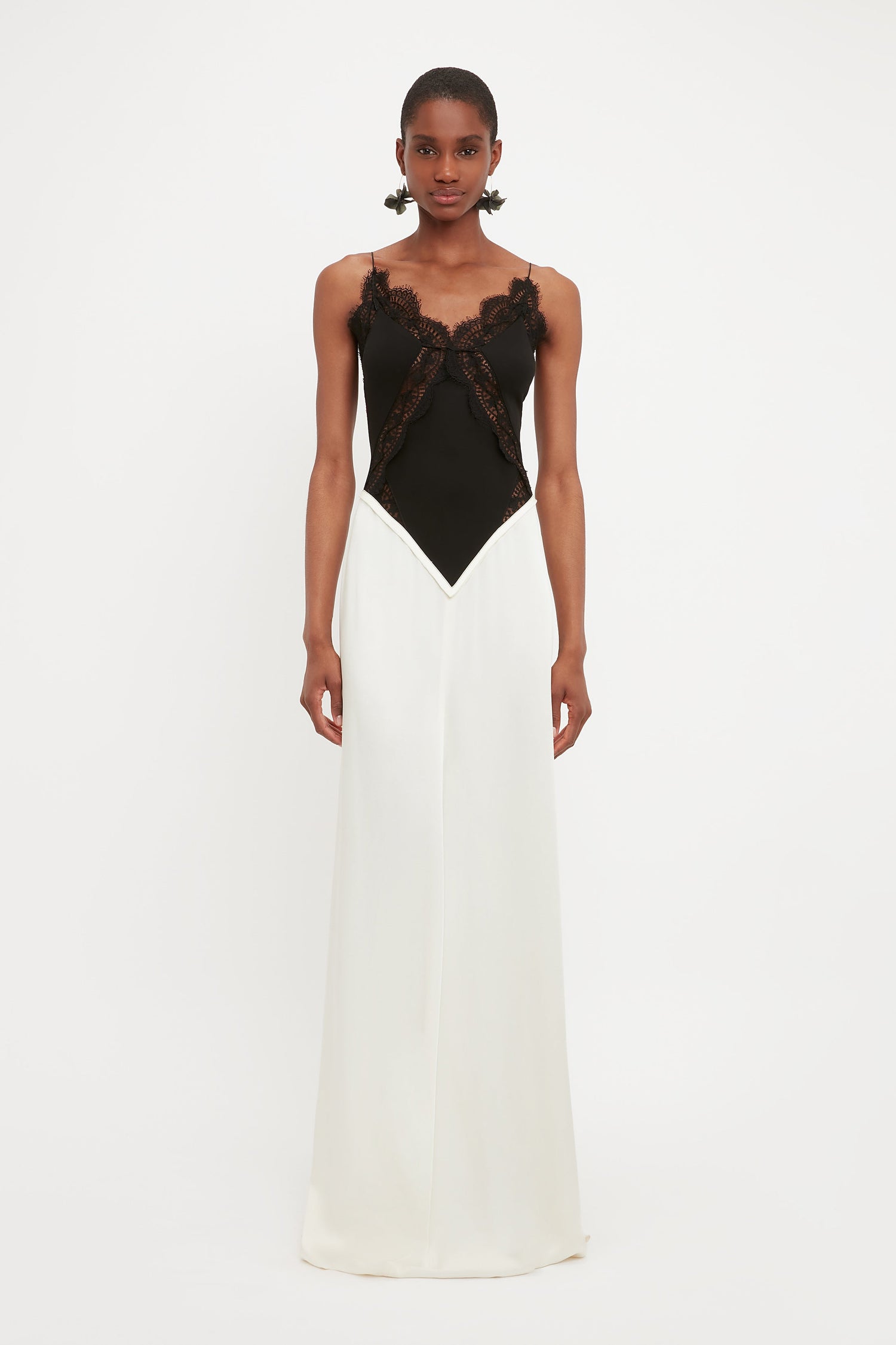 Lace Insert Cami Floorlength Dress In Ivory