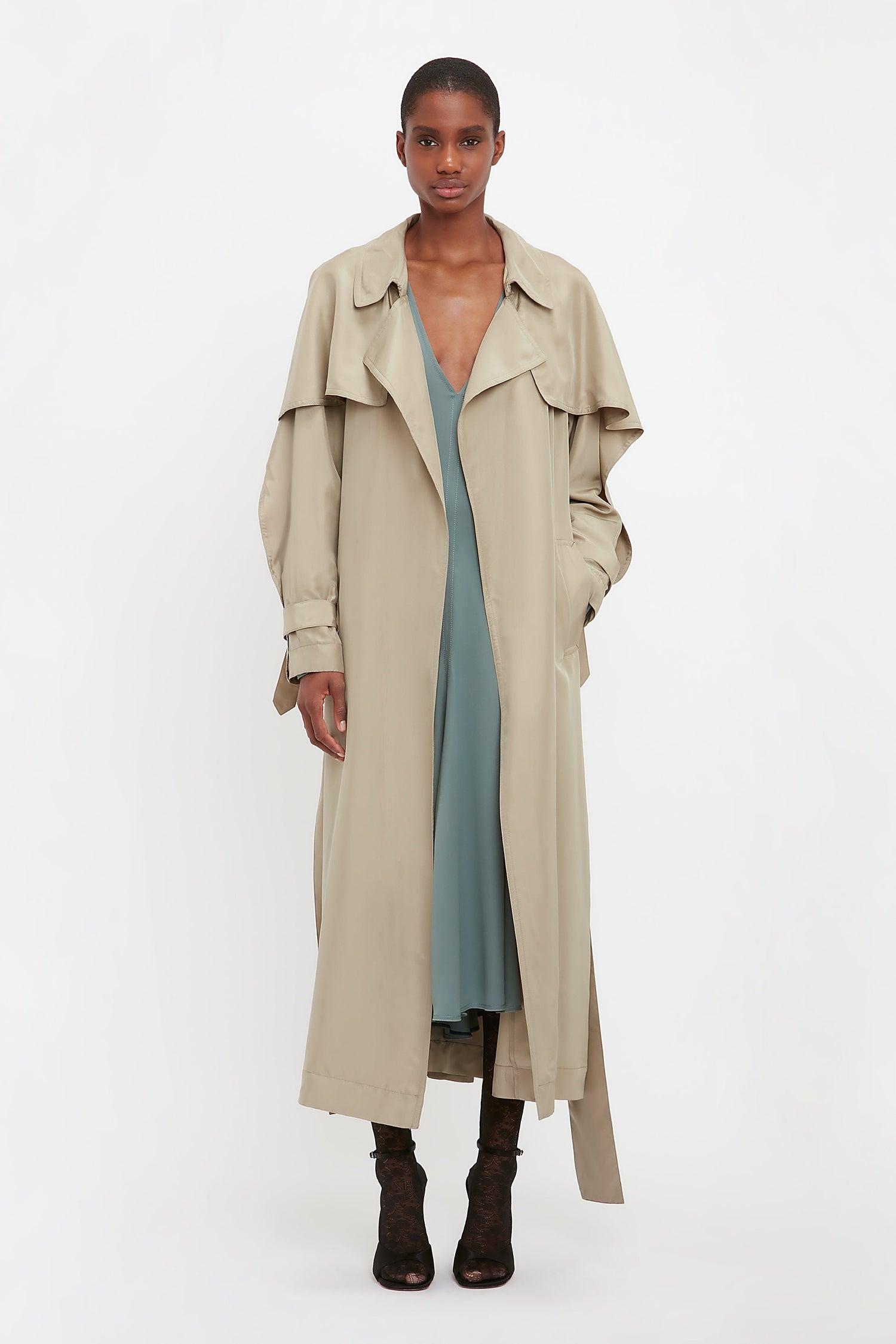 Pleated Back Fluid Trench Coat In Lichen Green