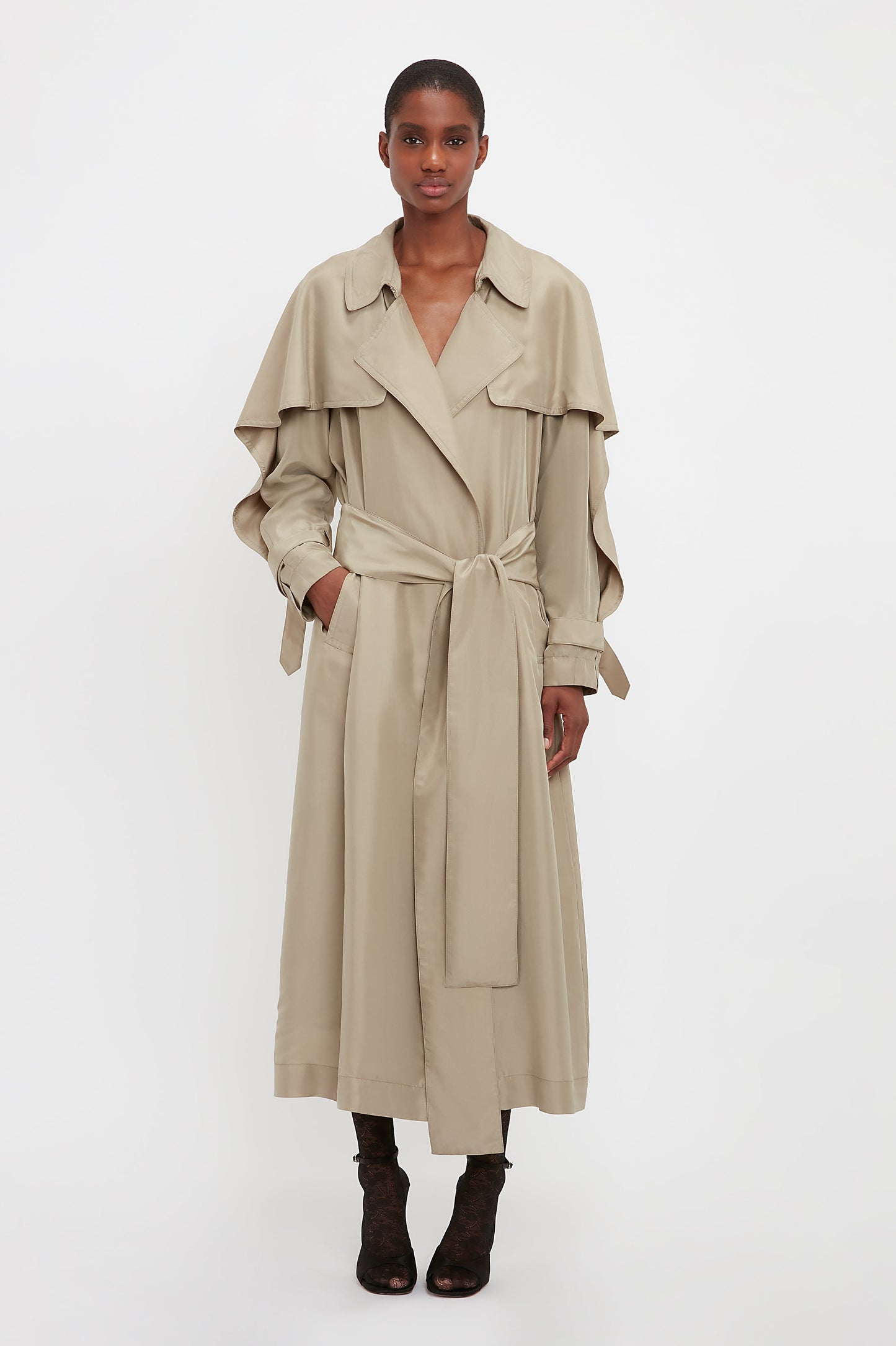 Pleated Back Fluid Trench Coat In Lichen Green