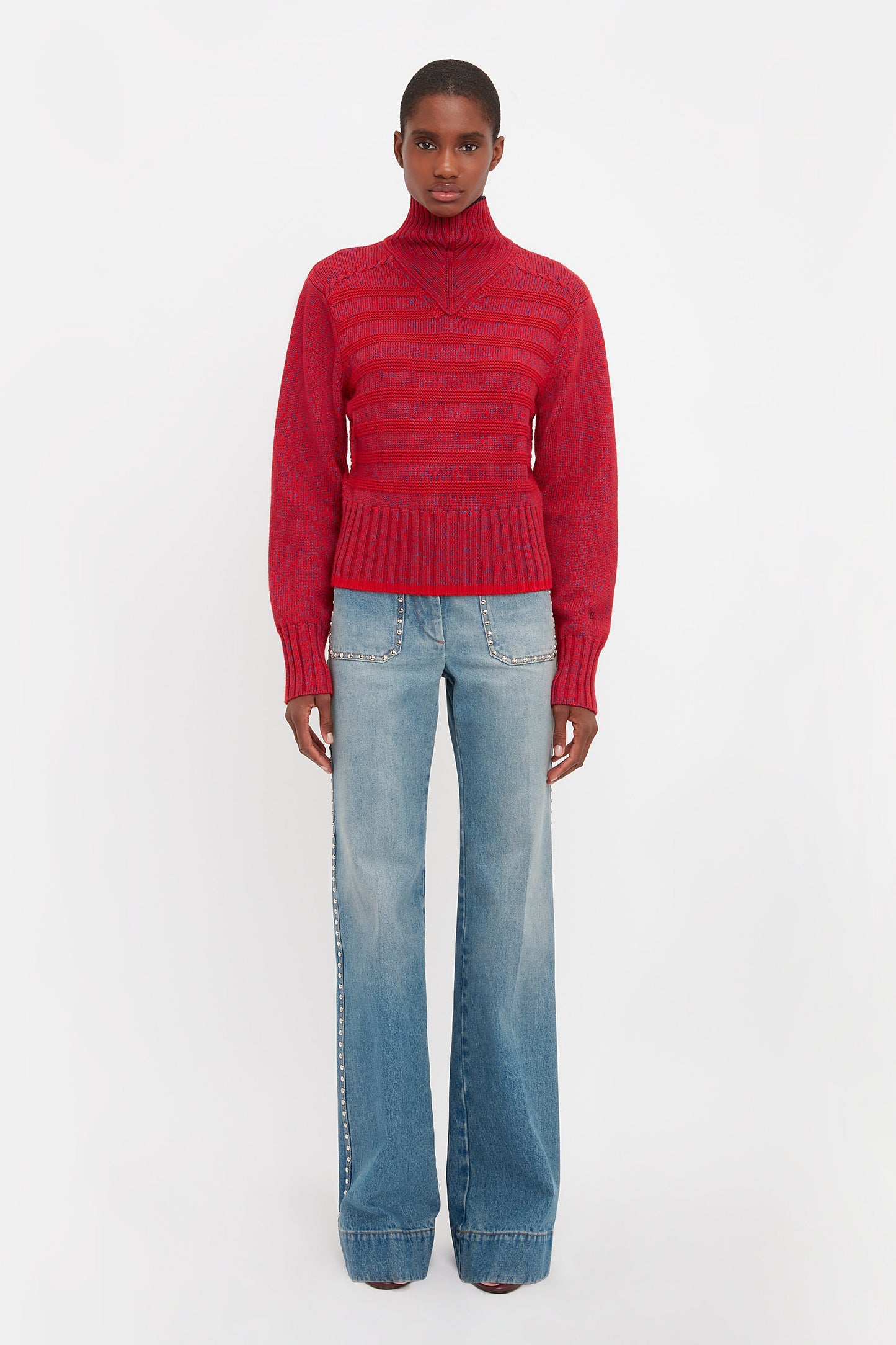 Ribbed Detail Polo Neck In Red