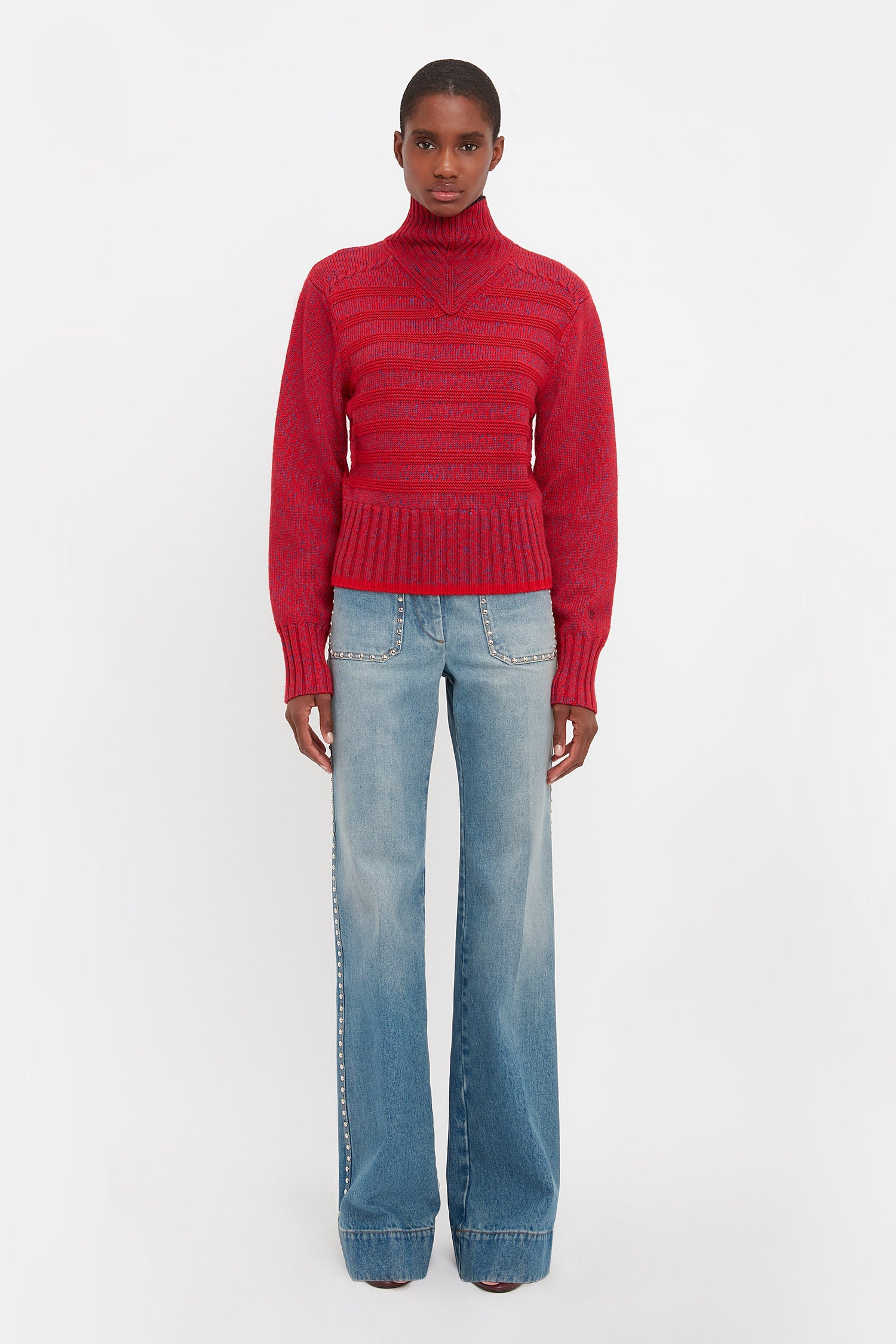Ribbed Detail Polo Neck In Red