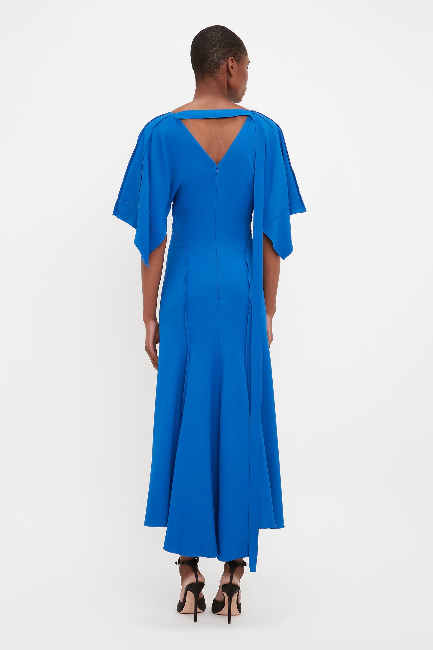 V-Neck Bias Godet Dress In Bright Blue