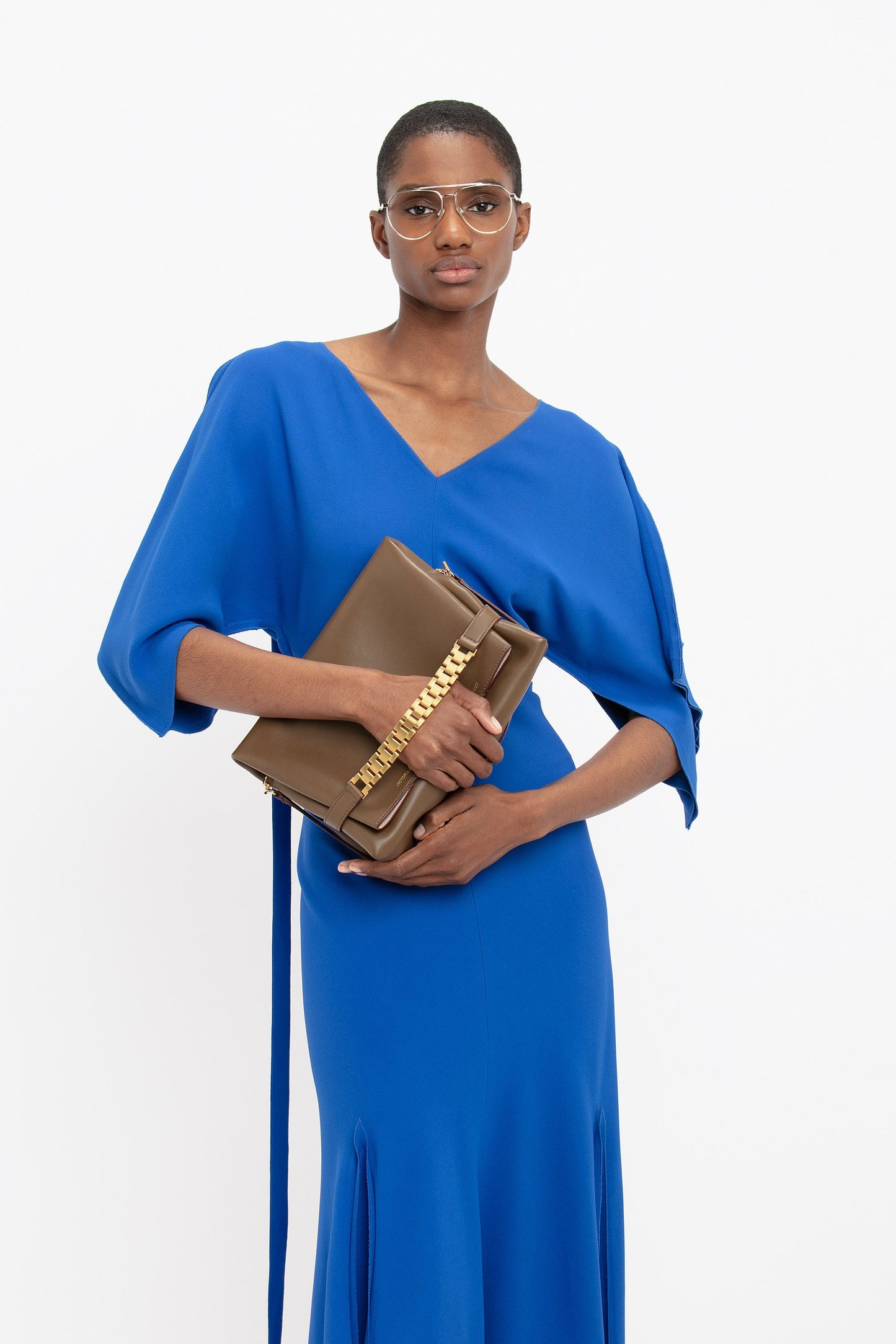 V-Neck Bias Godet Dress In Bright Blue