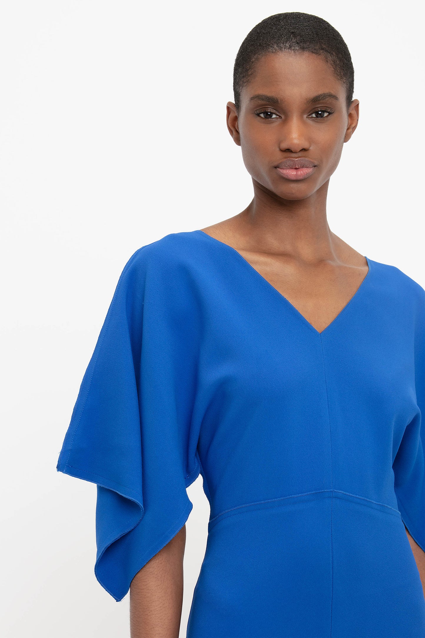 V-Neck Bias Godet Dress In Bright Blue
