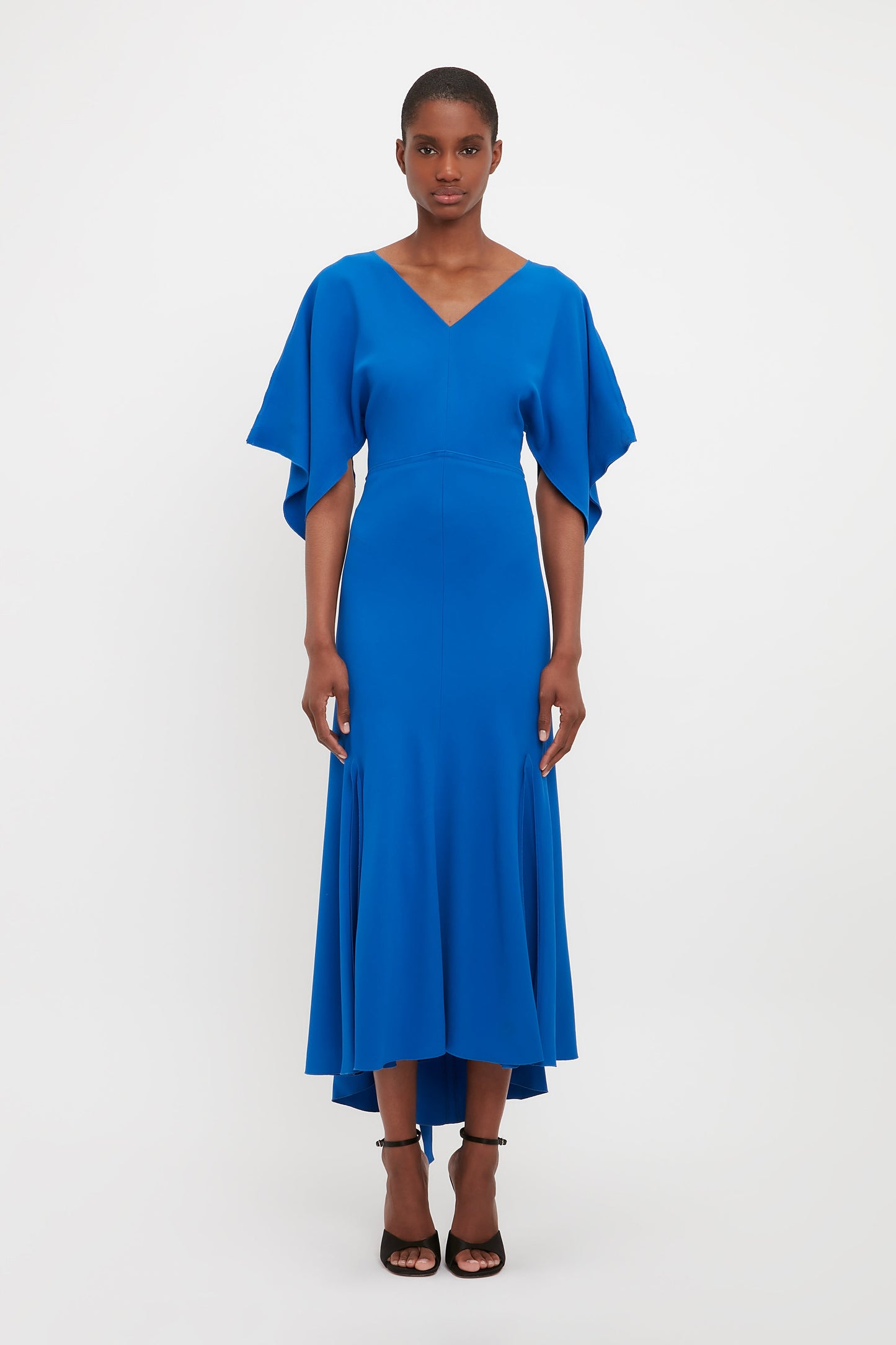 V-Neck Bias Godet Dress In Bright Blue