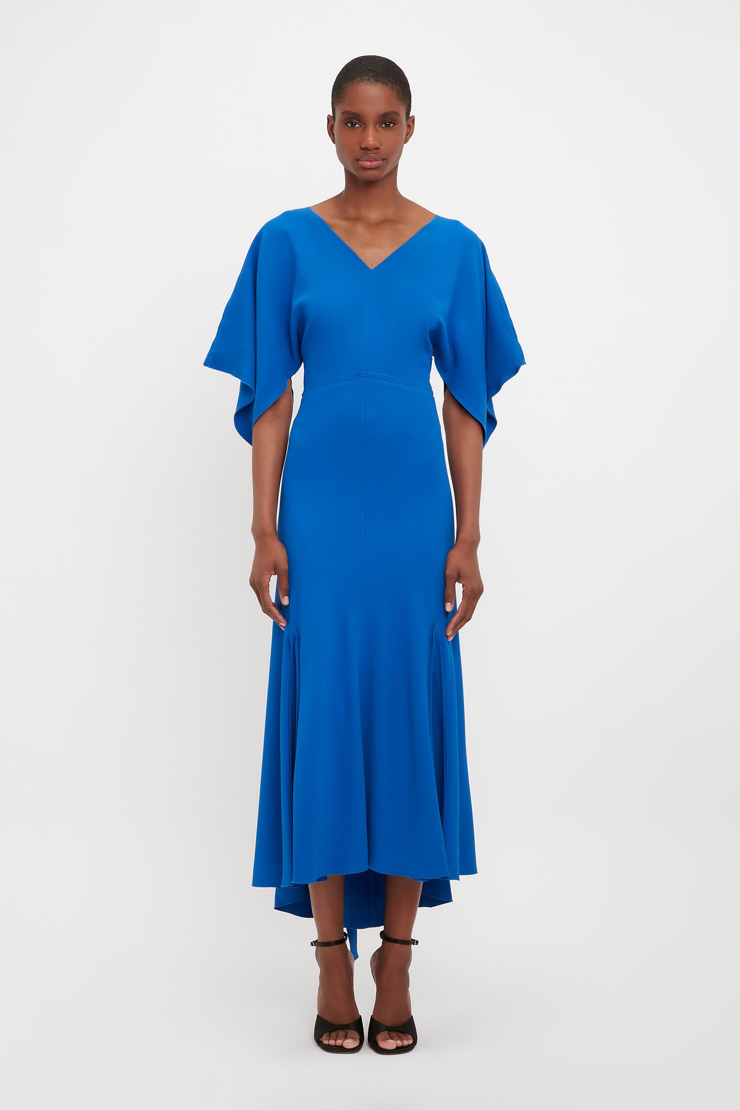 V-Neck Bias Godet Dress In Bright Blue