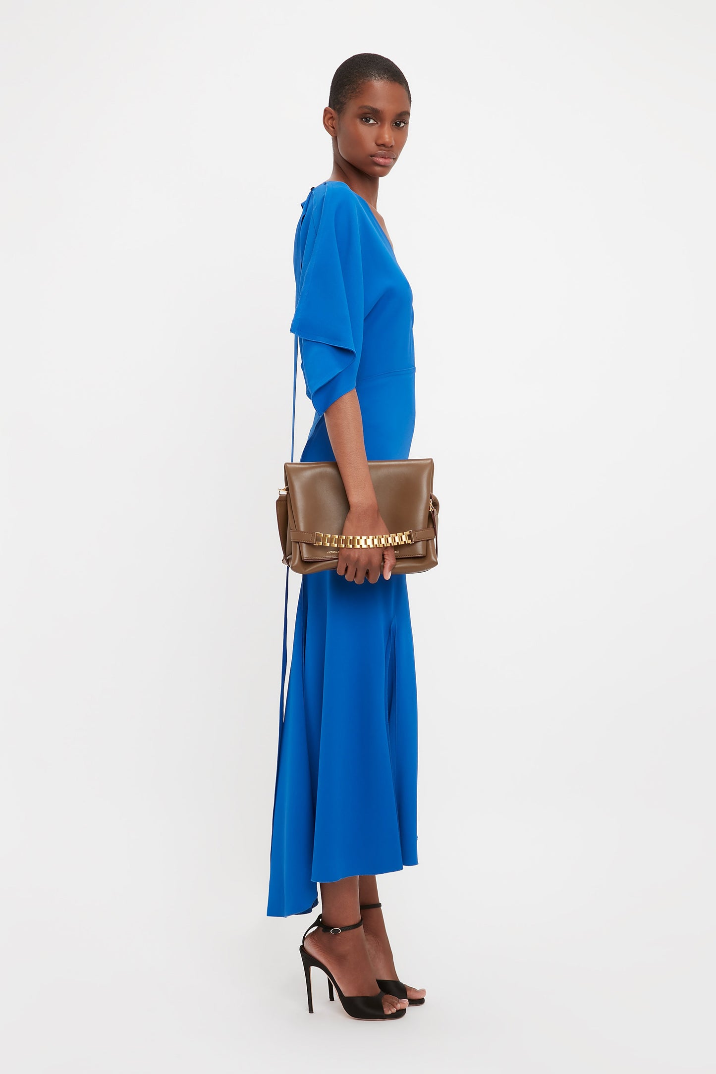 V-Neck Bias Godet Dress In Bright Blue