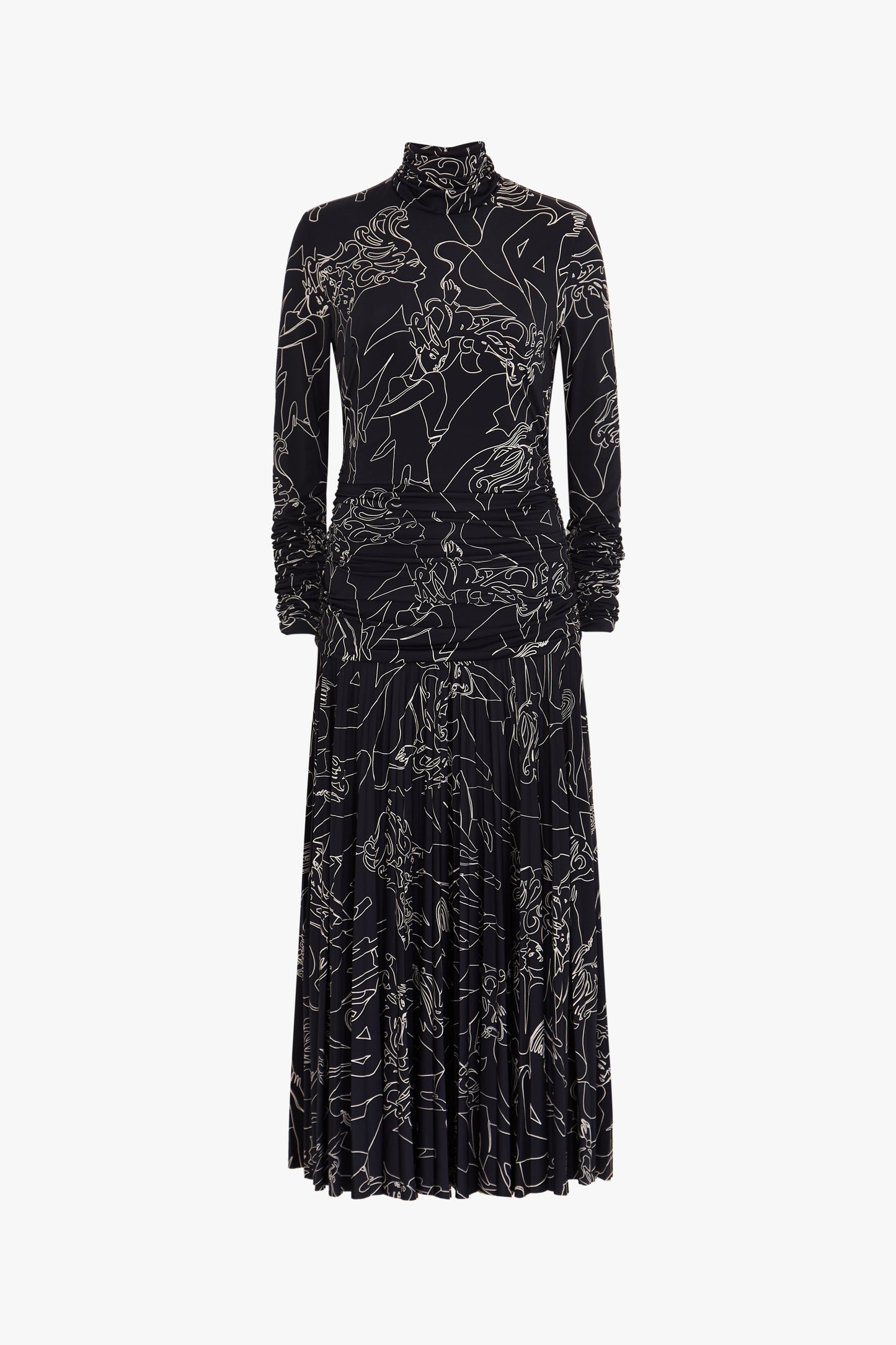 Pleated Dress High-neck Dress in Cabaret Print