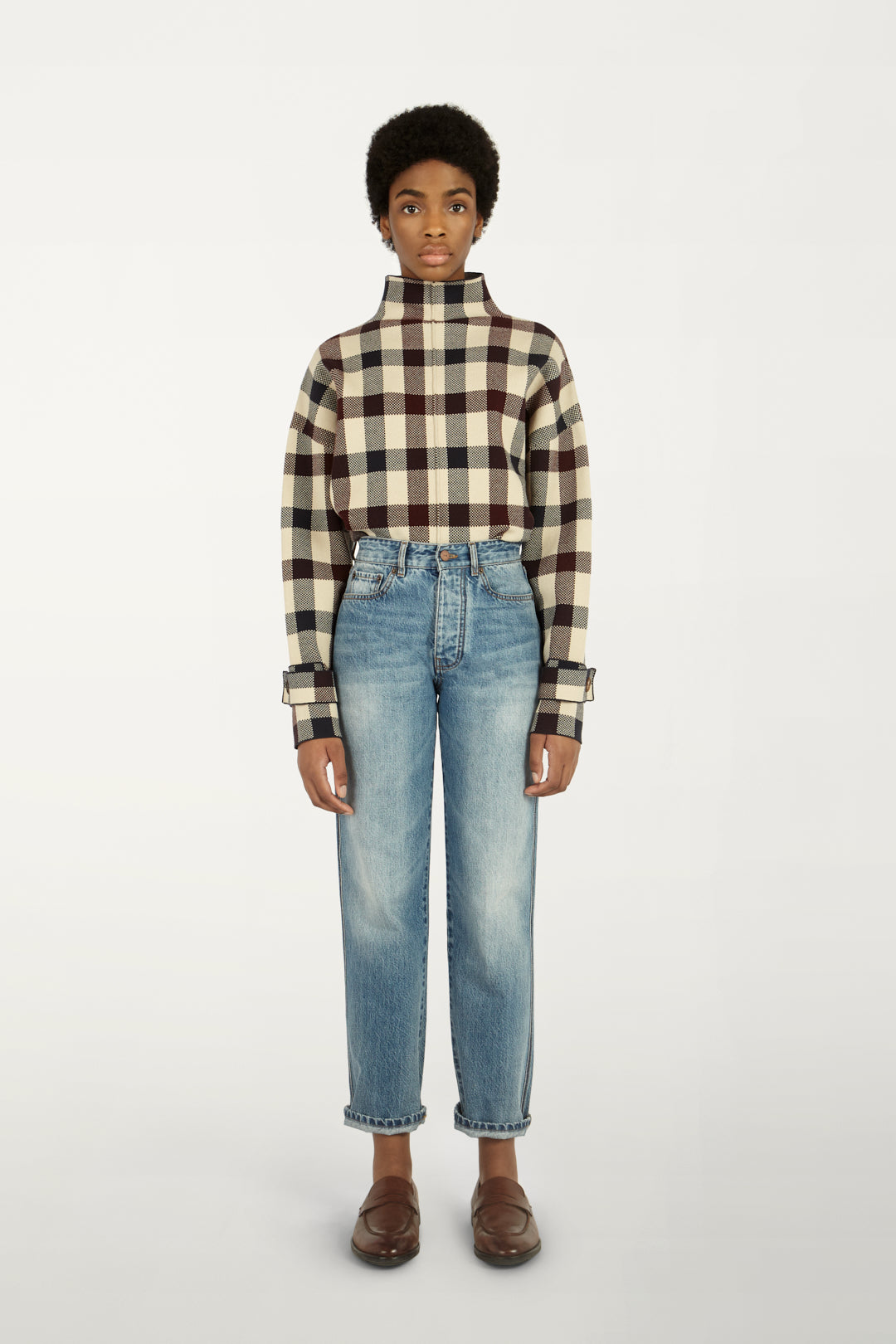 Cropped Funnel-neck Jumper in Multi check