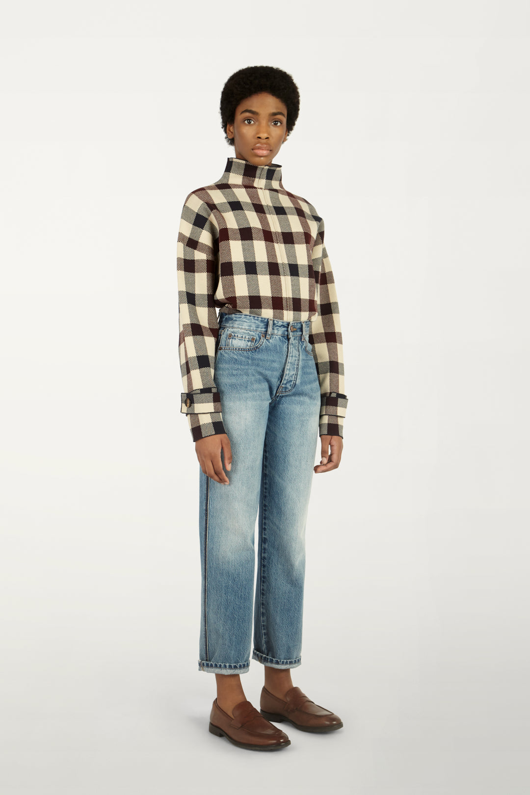 Cropped Funnel-neck Jumper in Multi check