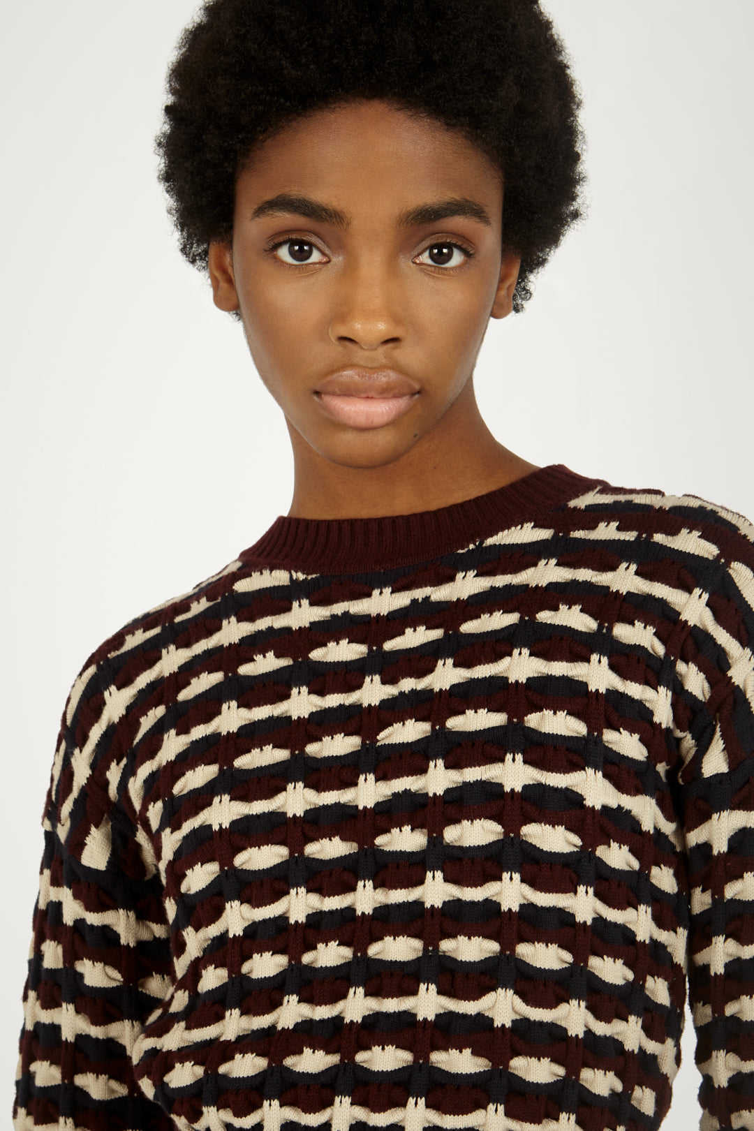 Geometric Crew Neck Jumper in Burgundy