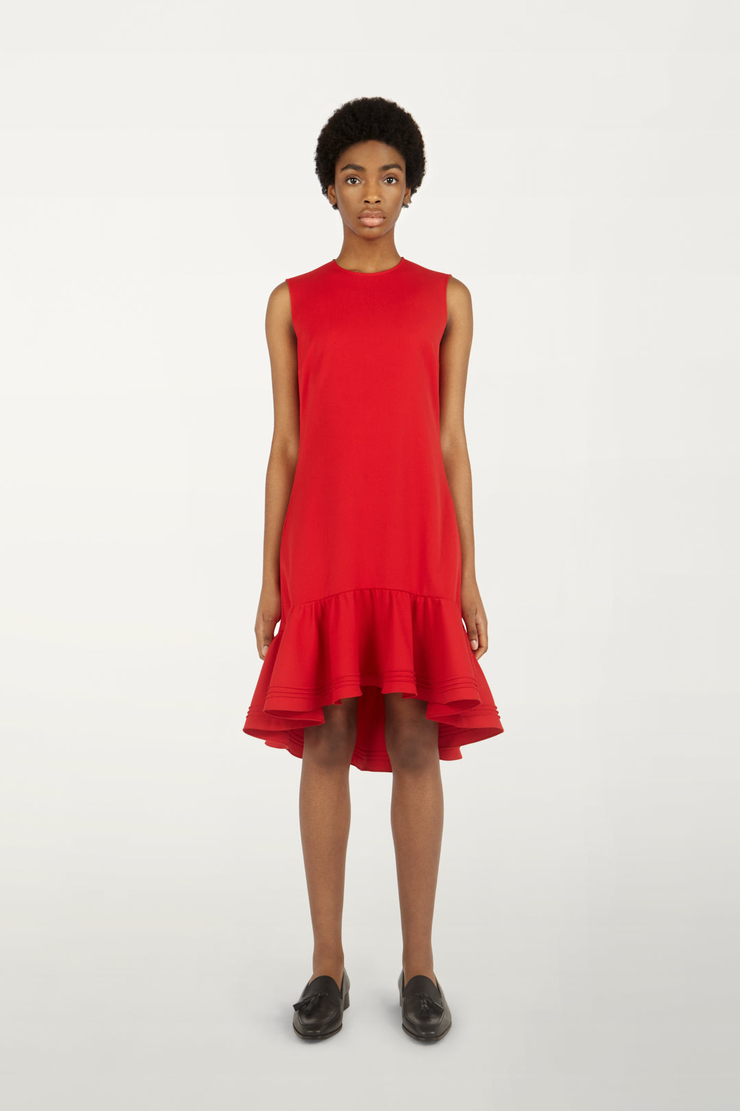 Pin Tuck Flounce Hem Dress in Red