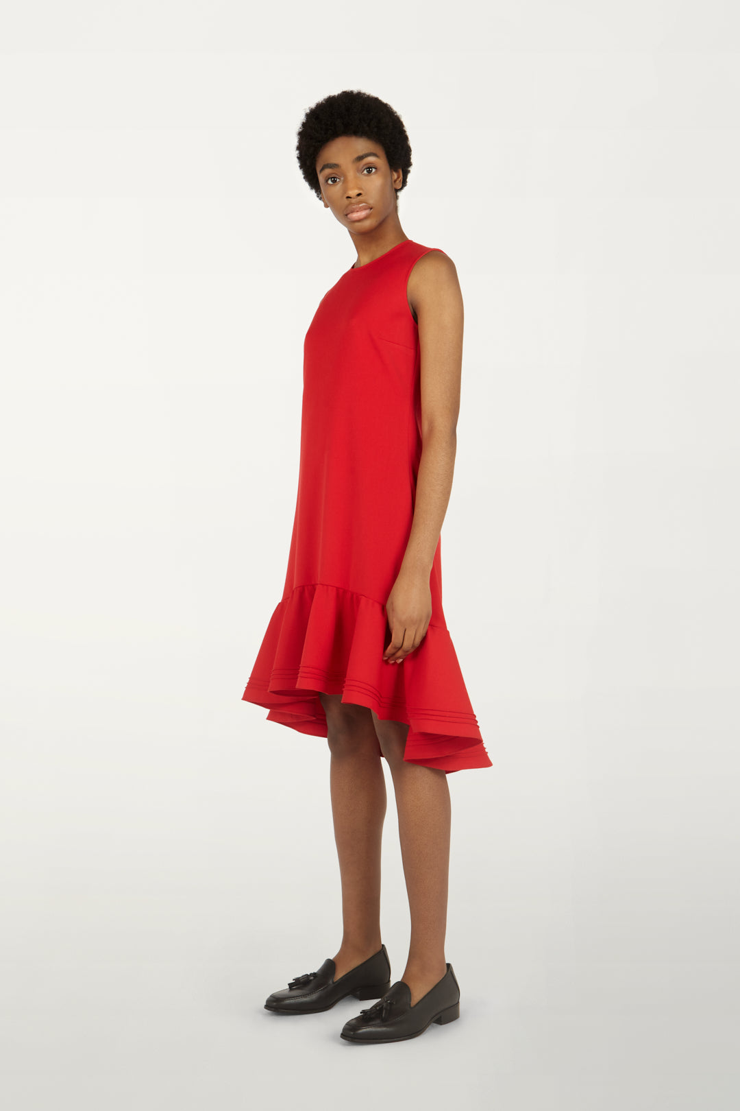 Pin Tuck Flounce Hem Dress in Red