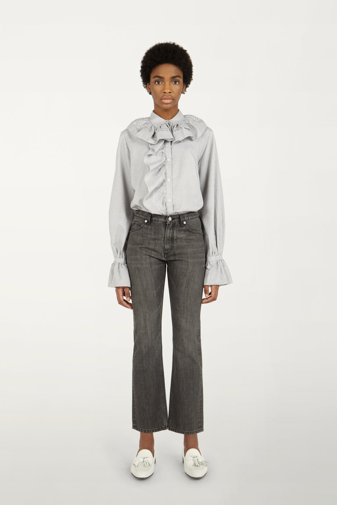 Ruffle Shirt in Grey Stripe