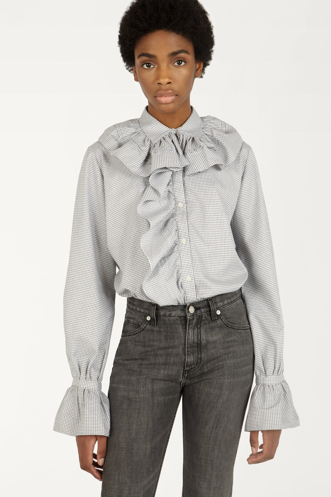 Ruffle Shirt in Grey Stripe