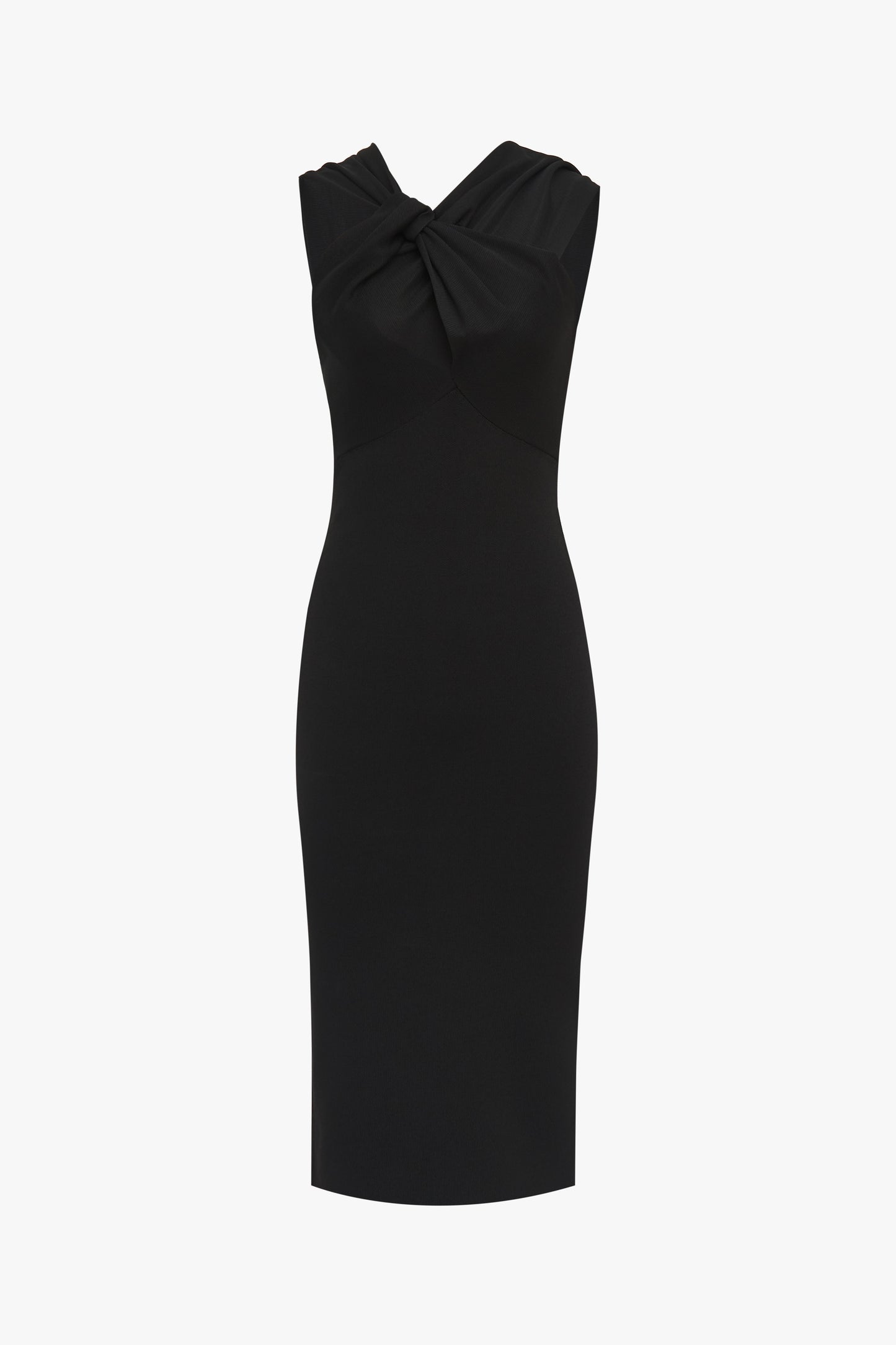The Twist Drape Knit Dress in Black by Victoria Beckham is a knee-length, sleeveless design featuring an asymmetric neckline with a twisted knot detail, crafted from shiny knit fabric for a fitted silhouette.