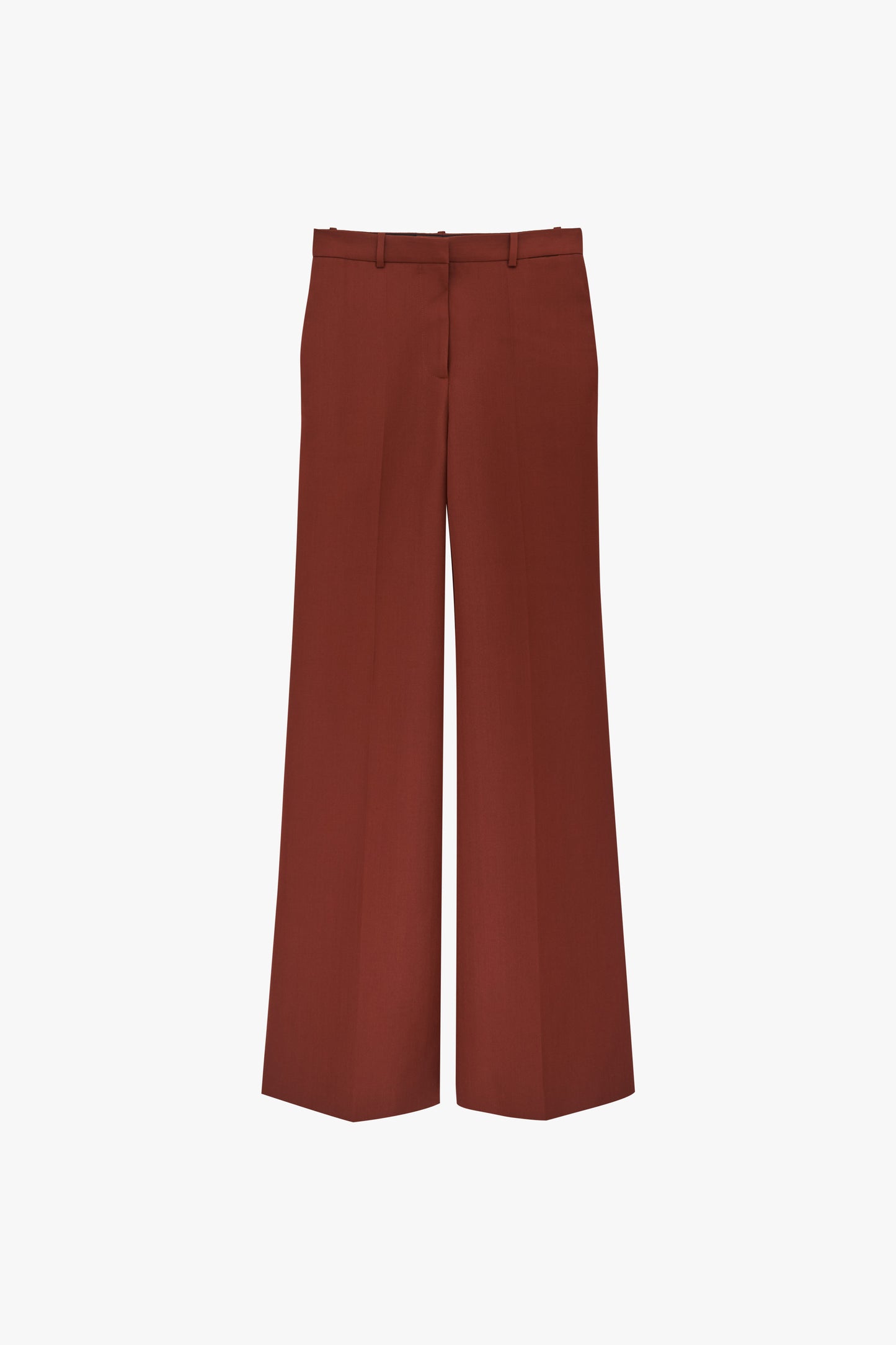 Brown high-waist wide-leg trousers from Victoria Beckham, featuring belt loops, a front zipper, and straight hems in luxurious wool-blend, against a plain background. Product: High Waisted Wide Leg Trousers in Chestnut.