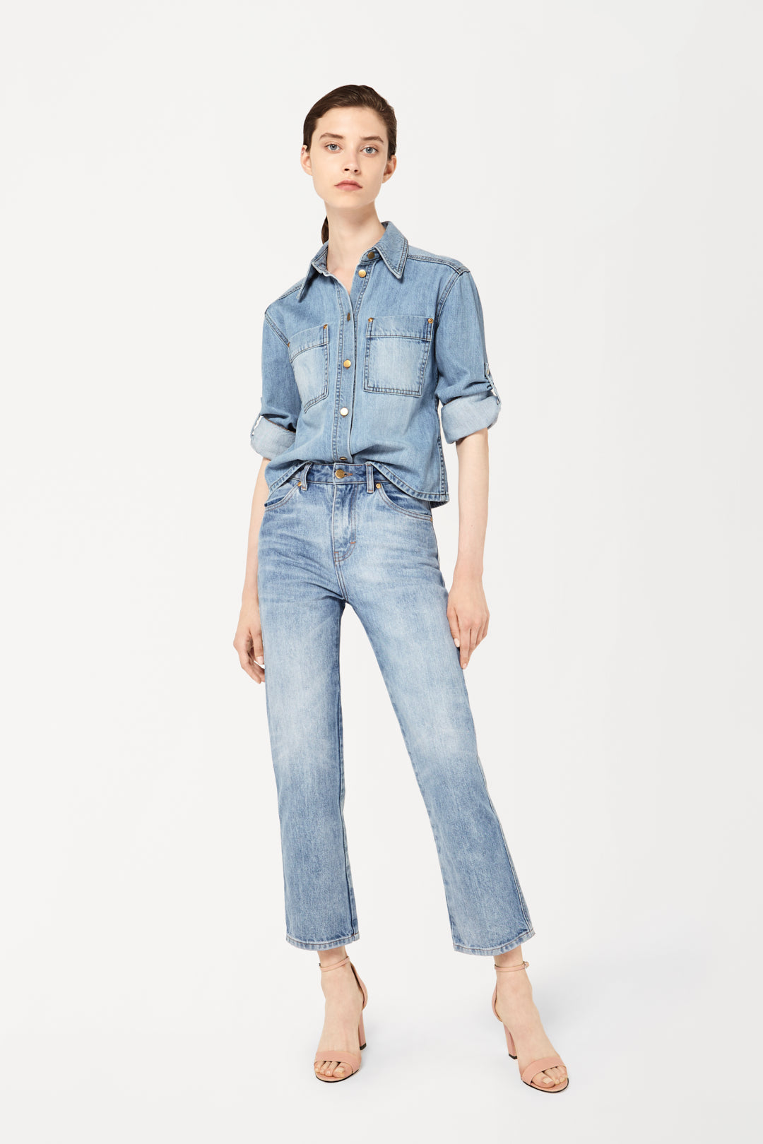 Cropped Sleeve Denim Jacket in Blue