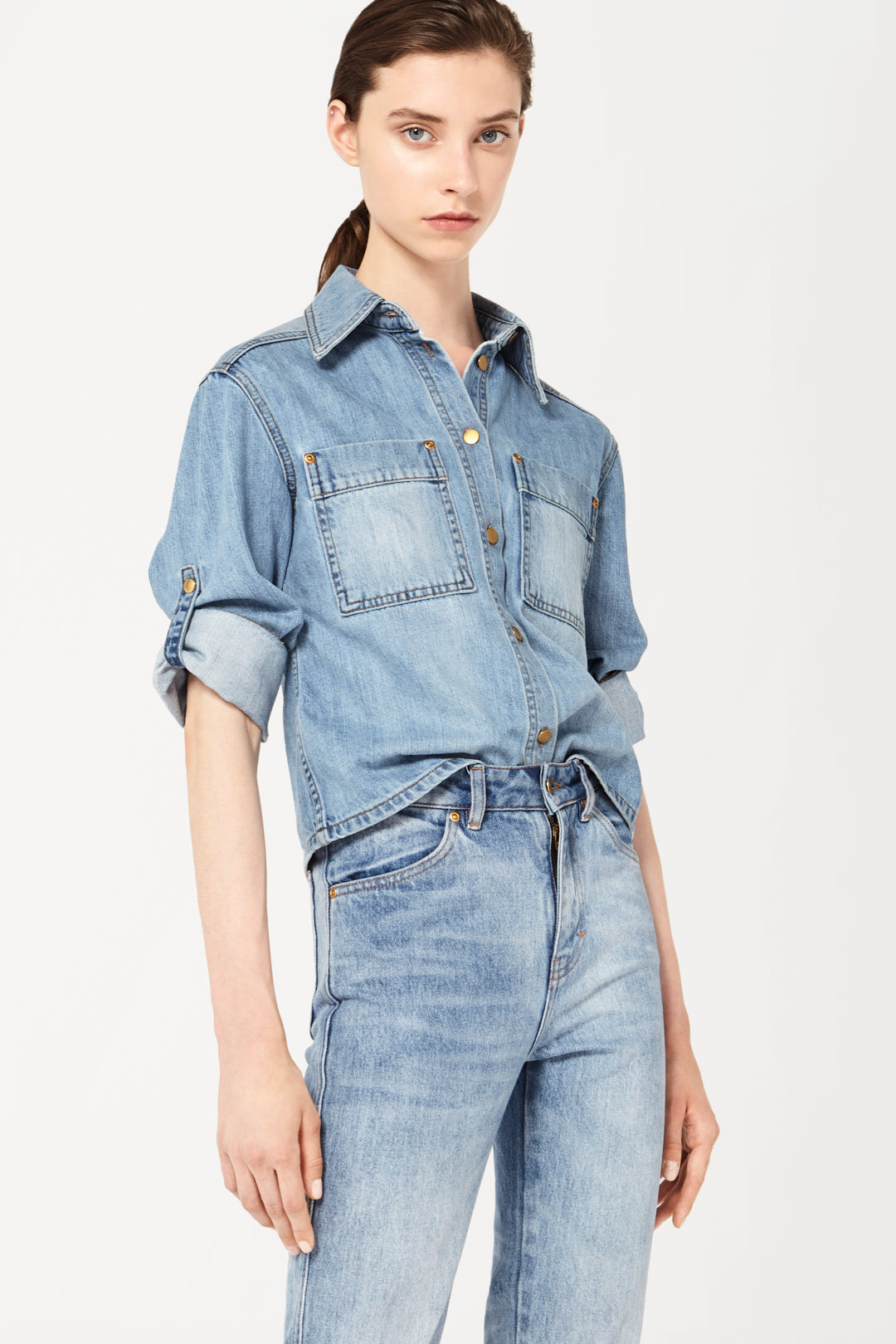 Cropped Sleeve Denim Jacket in Blue