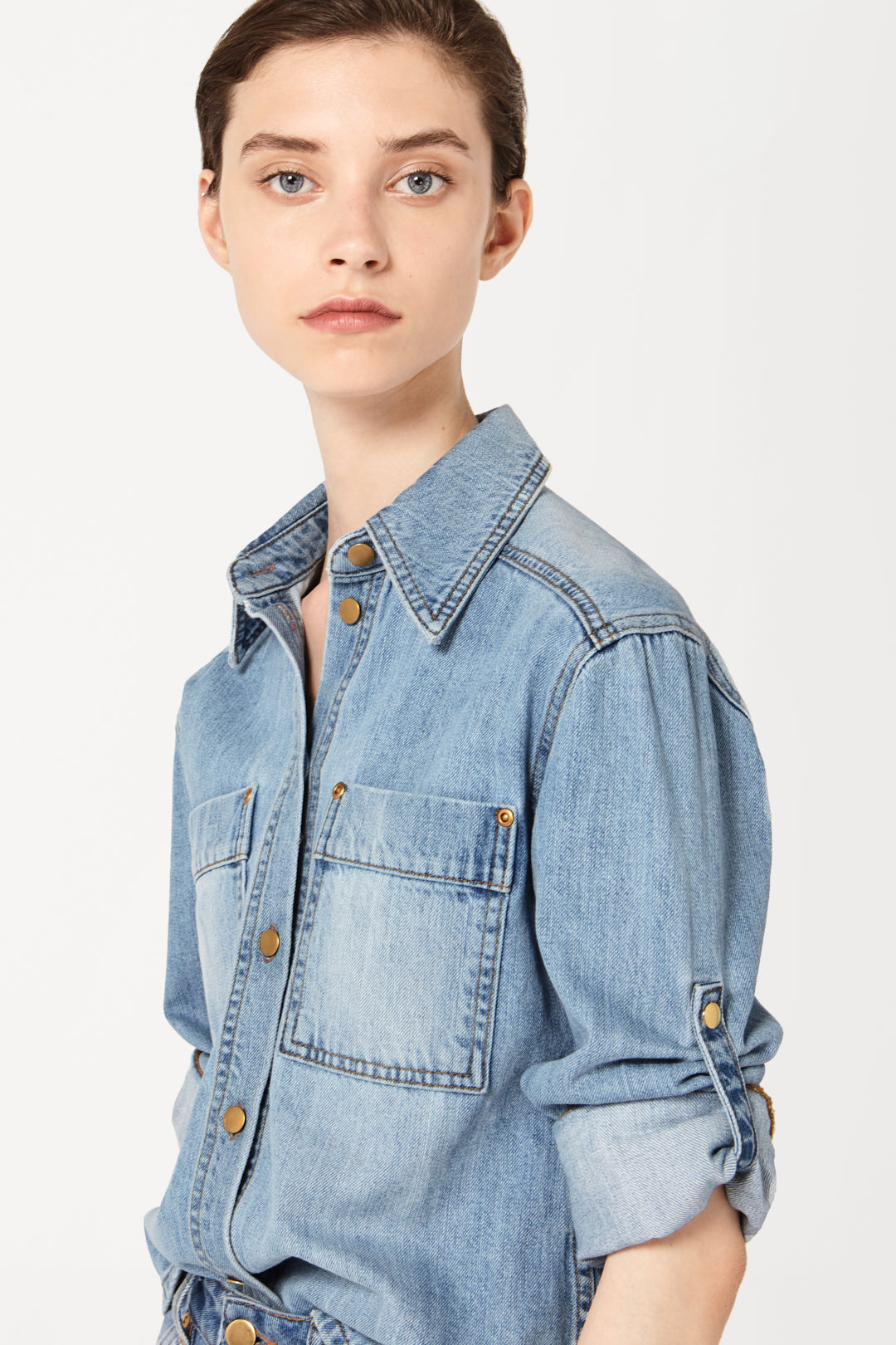 Cropped Sleeve Denim Jacket in Blue