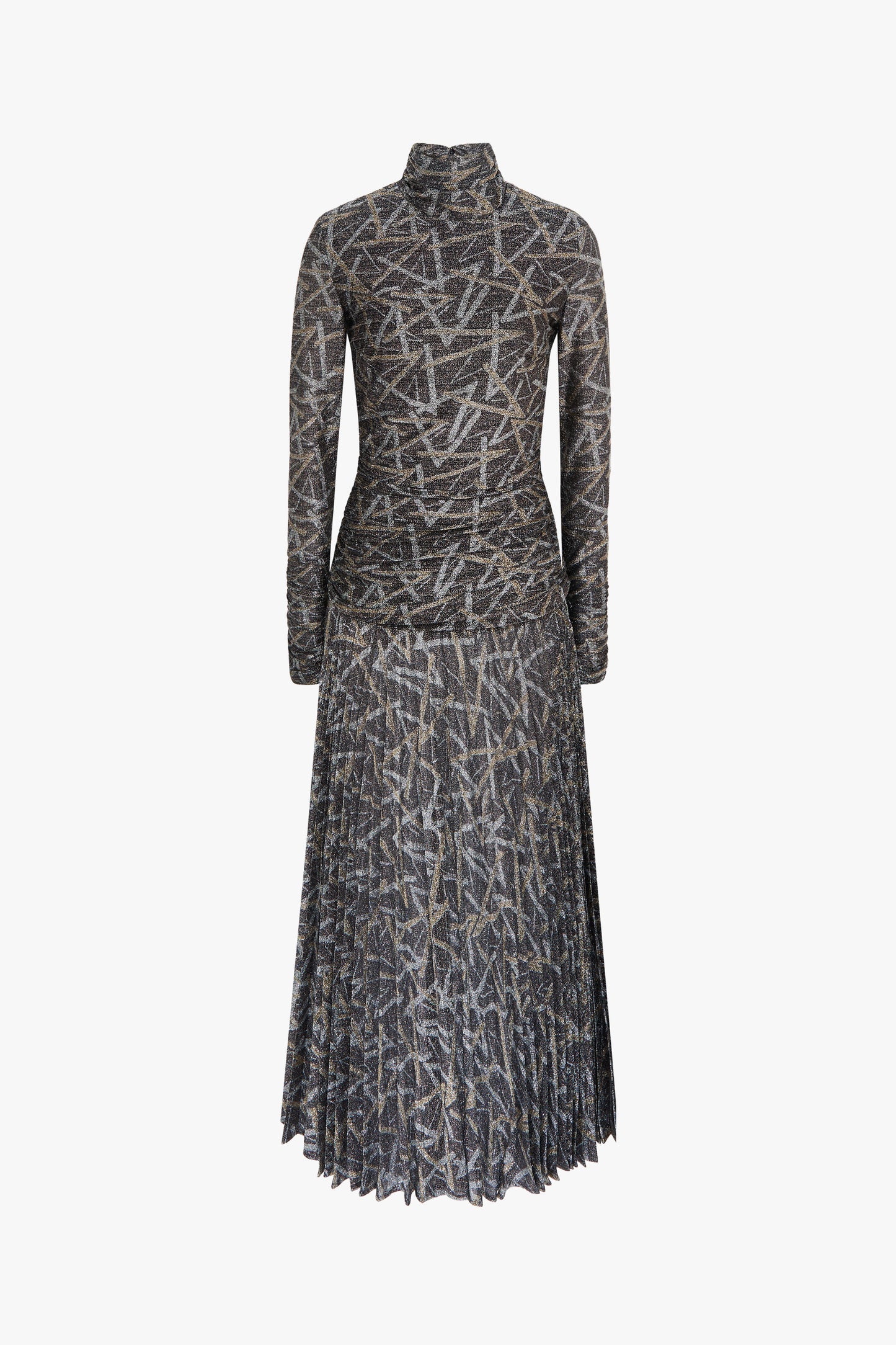 Pleated High-Neck Dress in Lurex Print