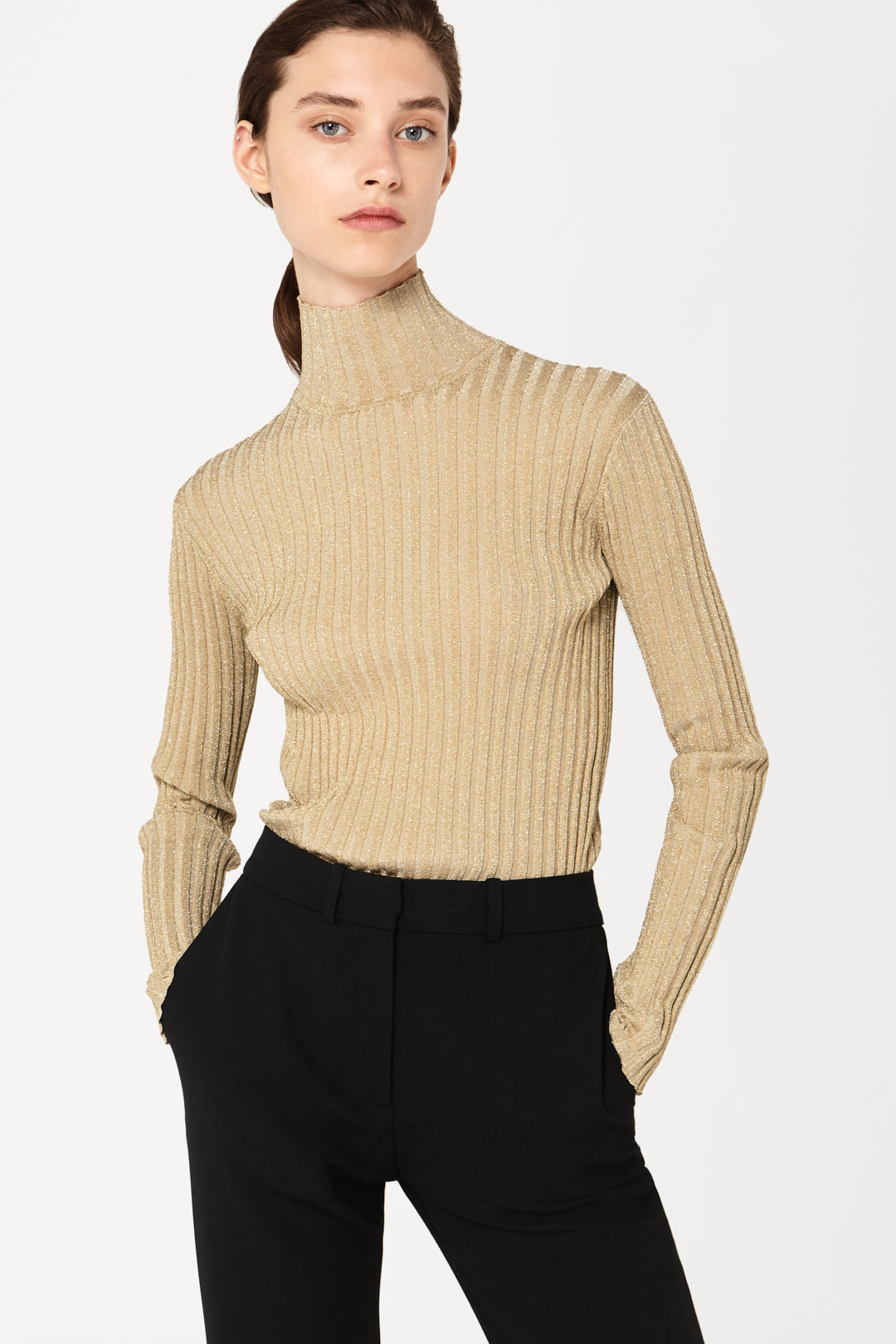 Slim Fit Polo Neck Jumper in Gold Lurex