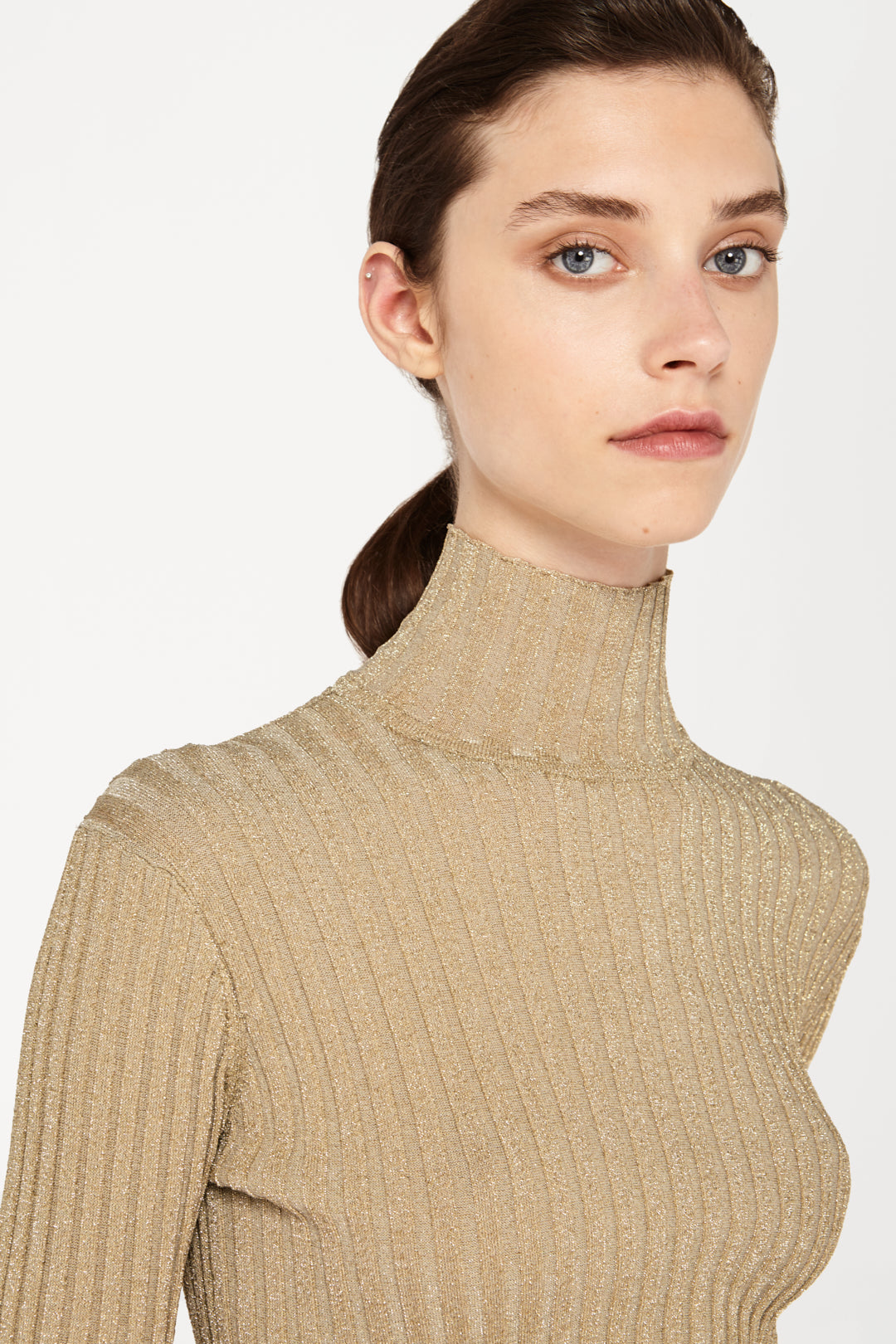 Slim Fit Polo Neck Jumper in Gold Lurex