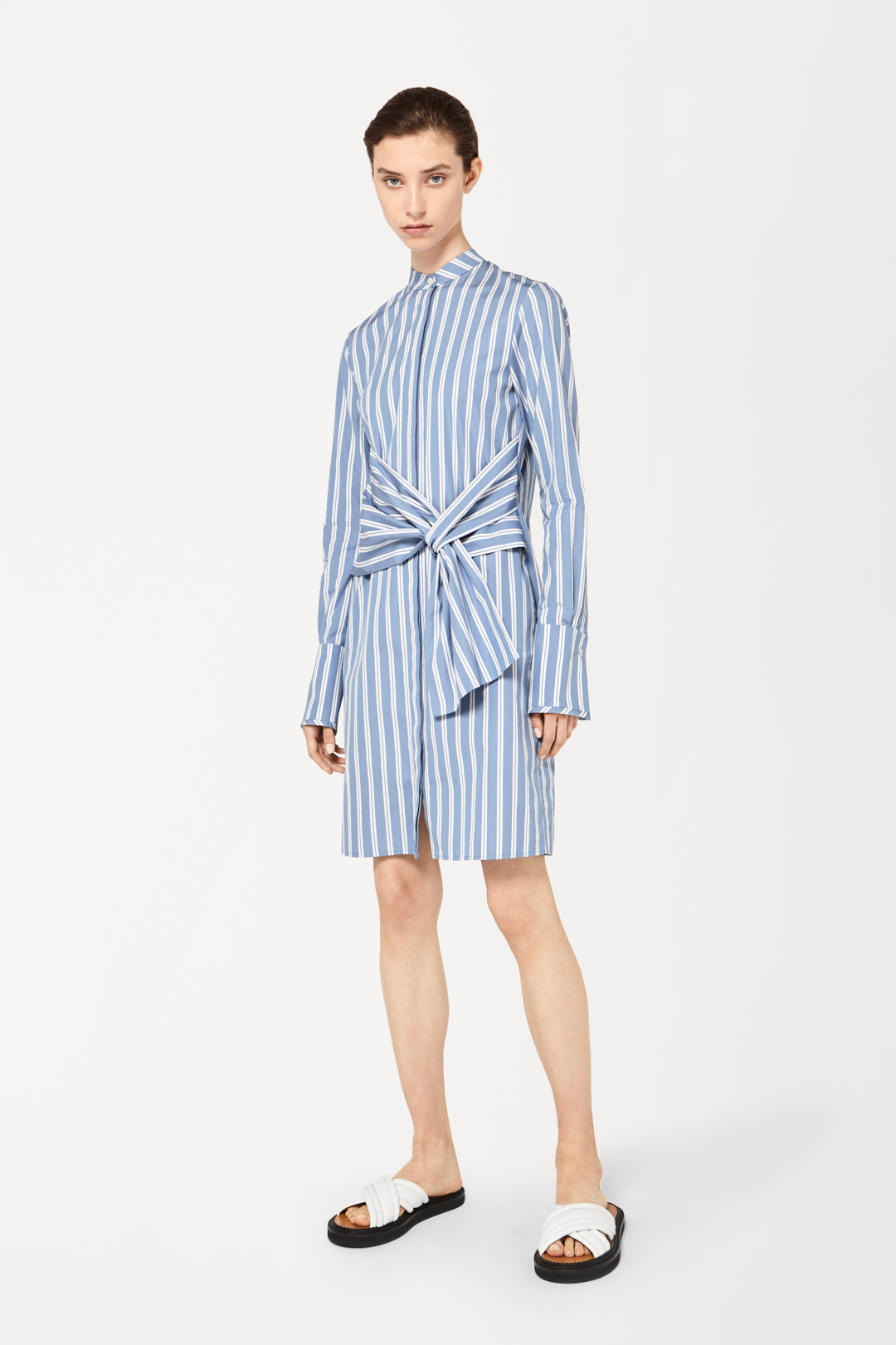 Tie-Waist Shirt Dress in Blue Stripe