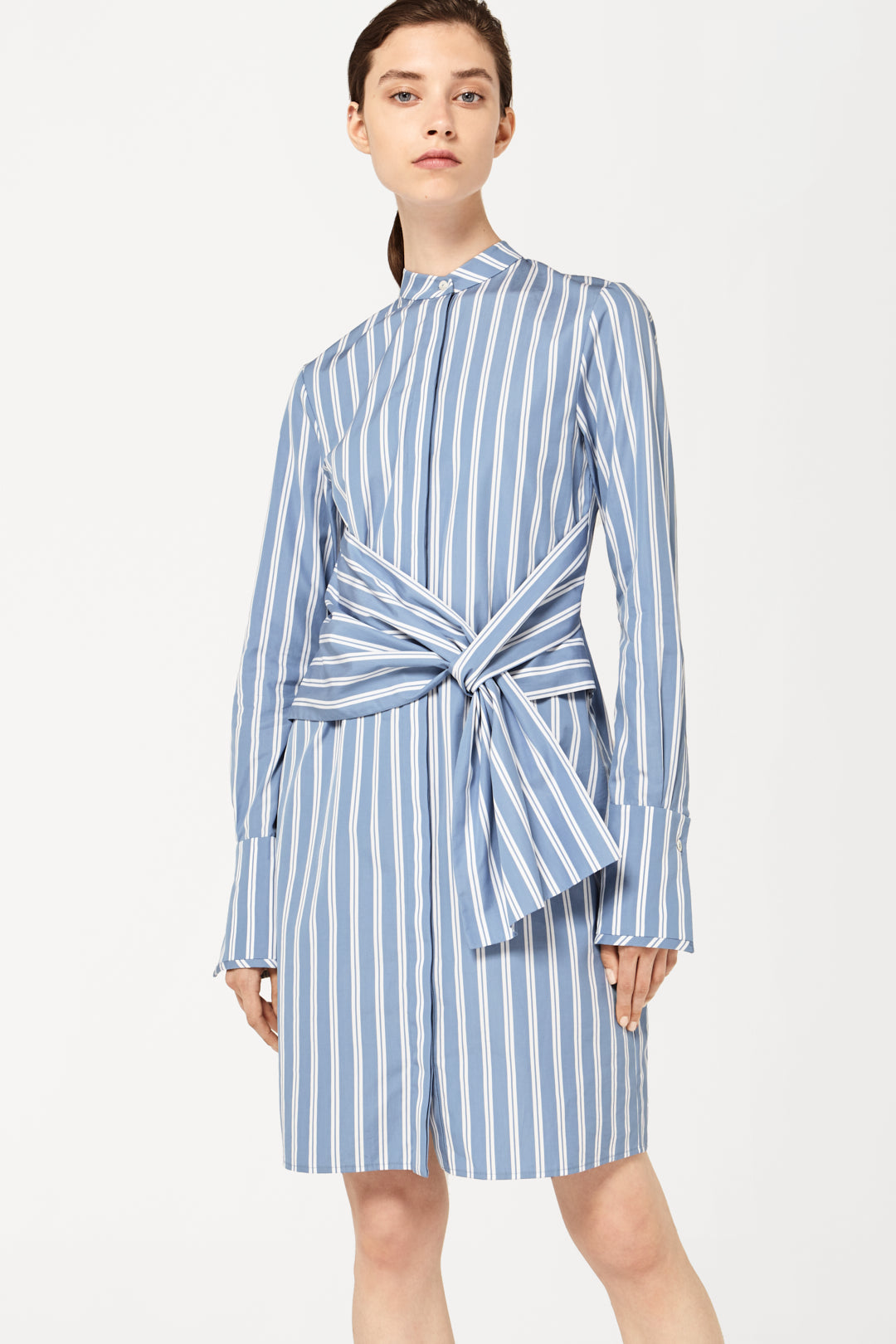Tie-Waist Shirt Dress in Blue Stripe