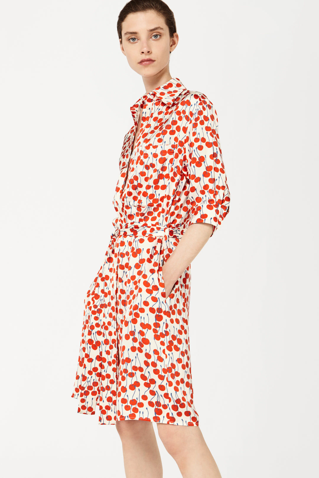 Belted Shirt Dress in Cherry Print