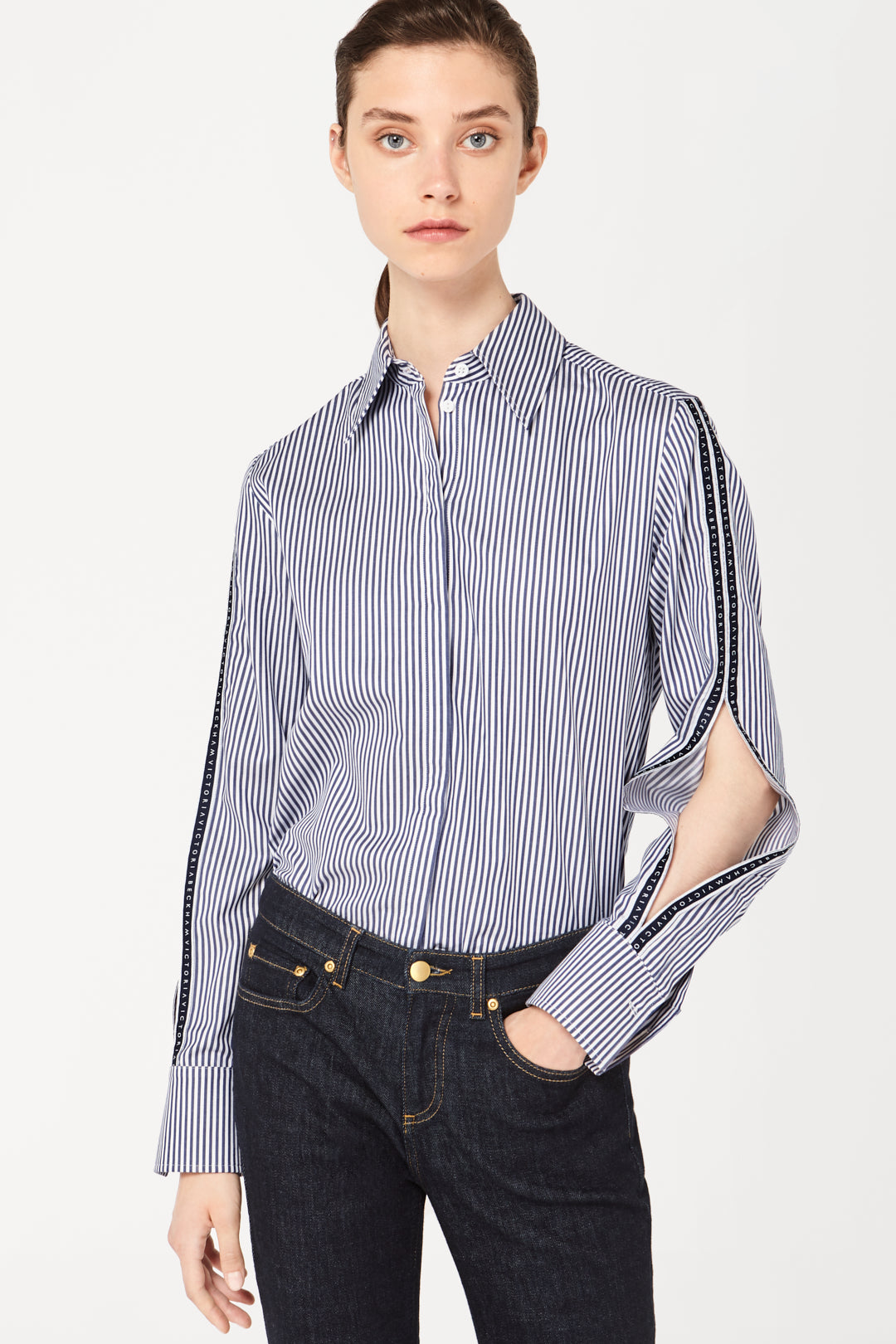 Split Sleeve Logo Shirt in Blue Stripe