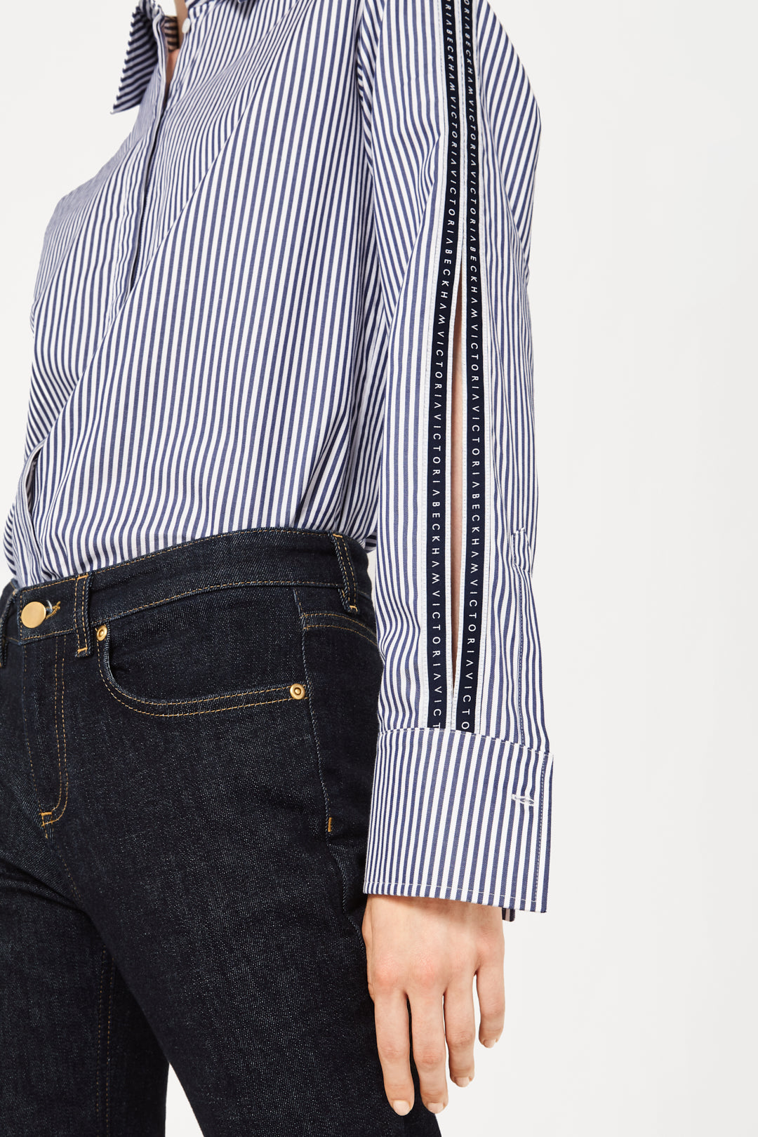 Split Sleeve Logo Shirt in Blue Stripe