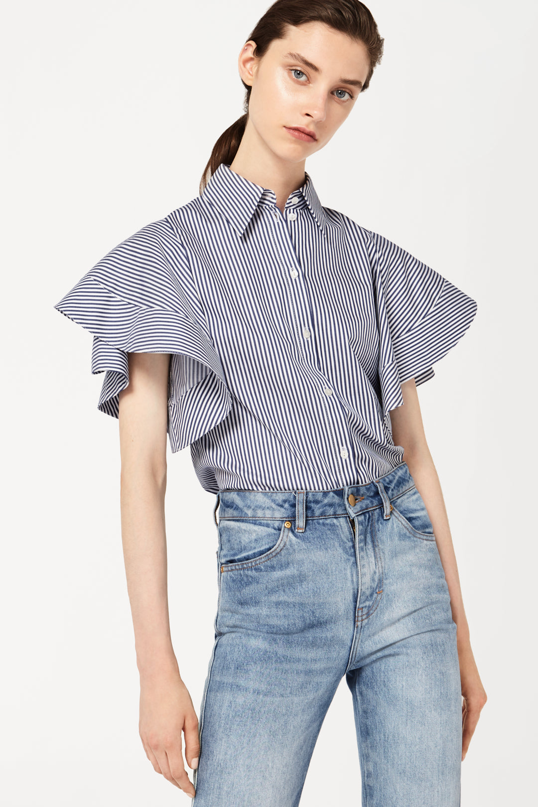 Ruffle Sleeve Shirt in Bengal Stripe