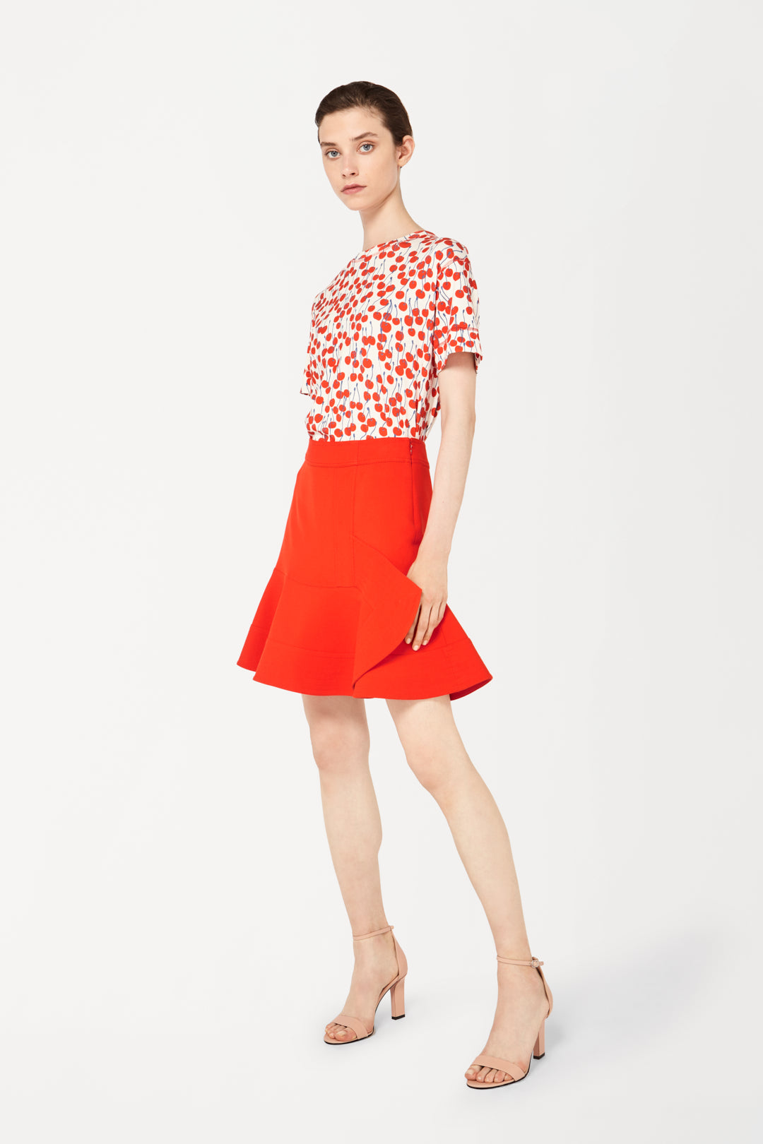 Peplum Hem Skirt In Flame Red