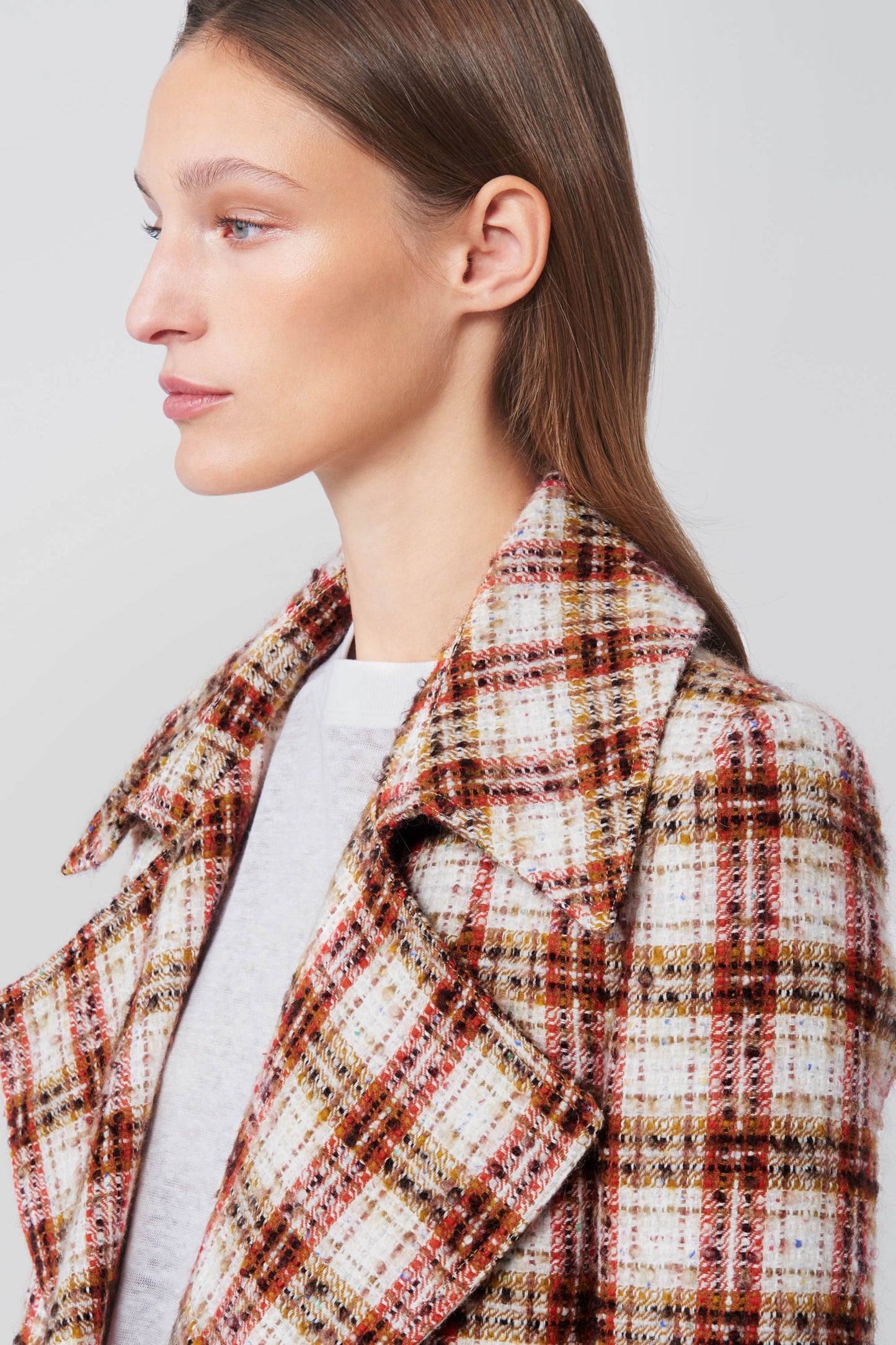 Fitted Martingale Coat in Red Check Tweed