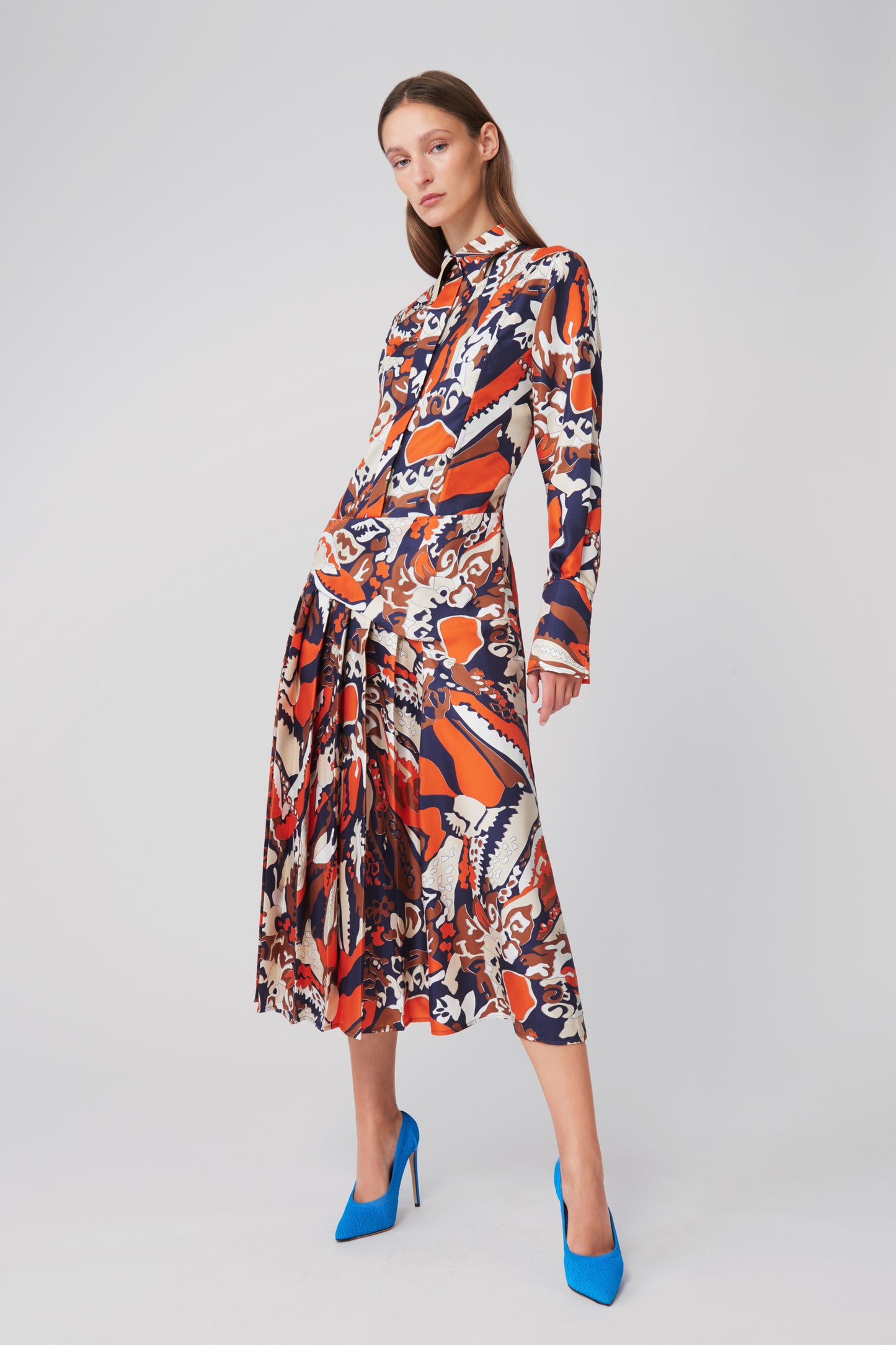 Pleated Shirt Dress in Abstract Scarf Print