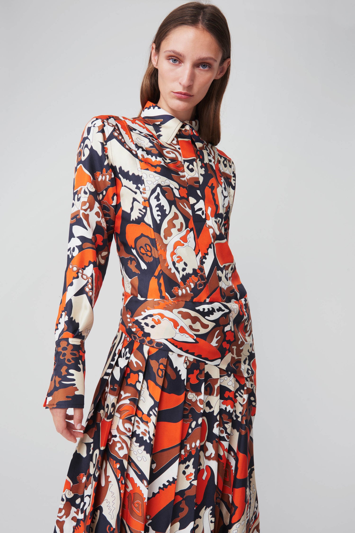 Pleated Shirt Dress in Abstract Scarf Print
