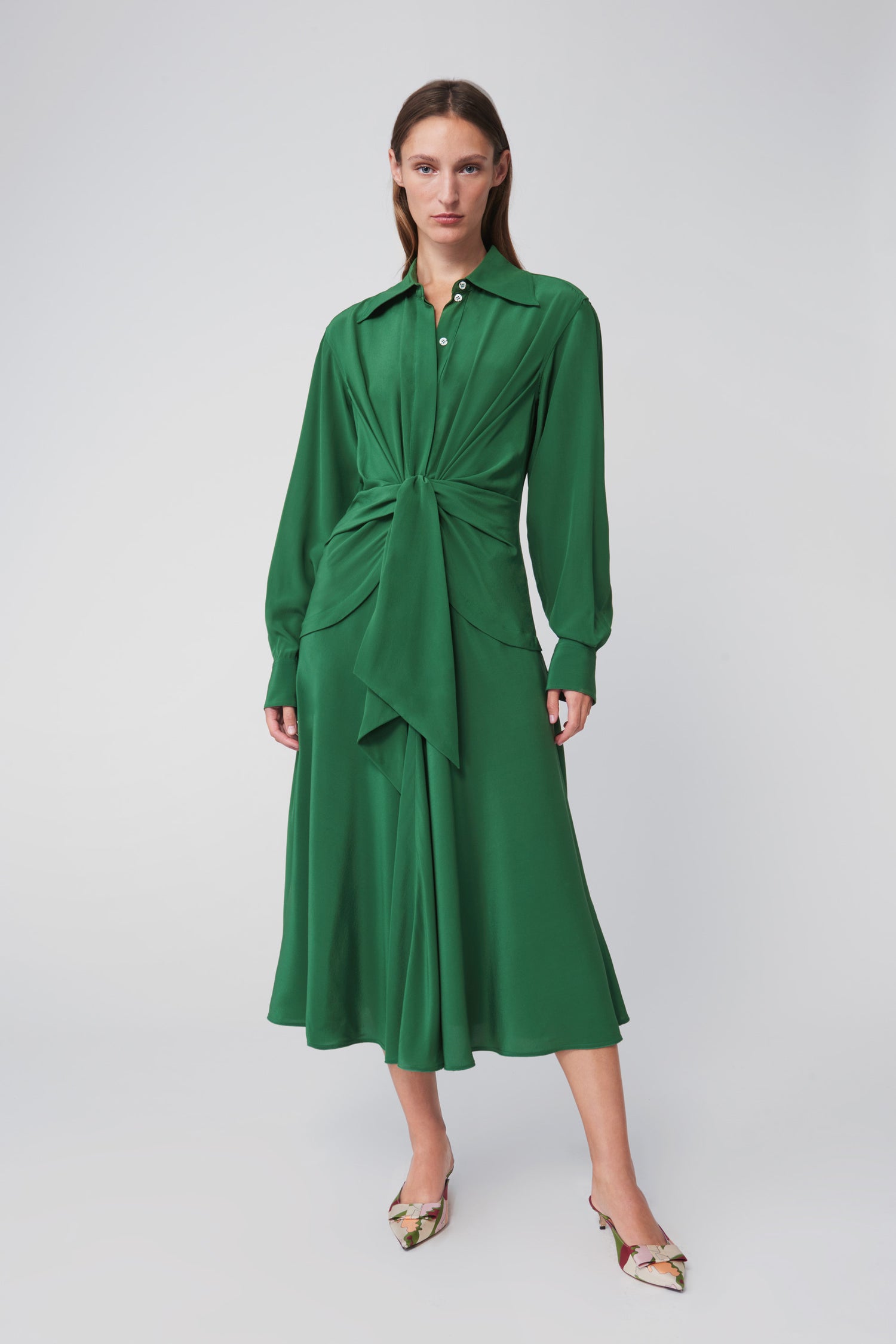 Tie Waist Shirt Dress in Emerald