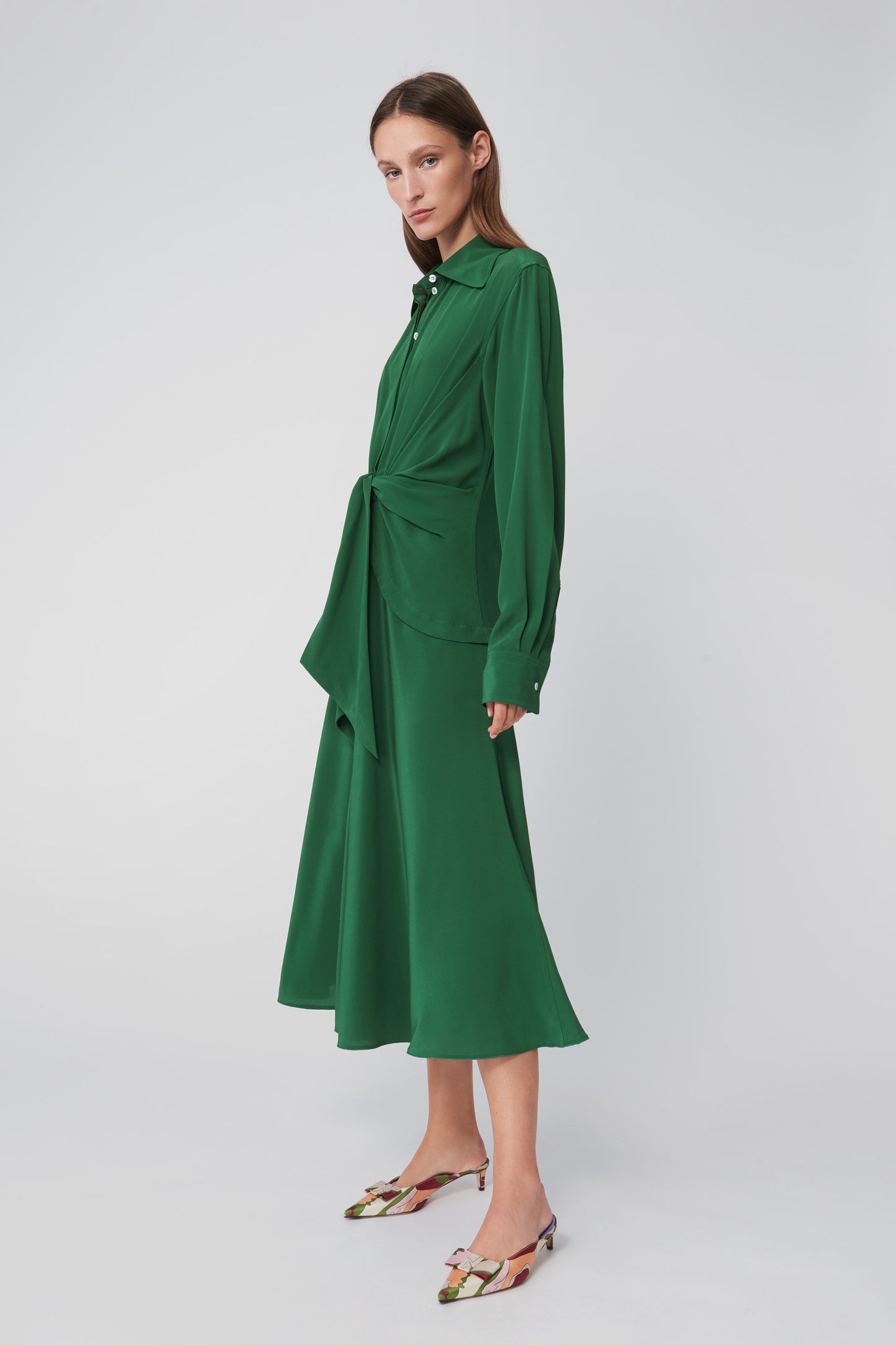 Tie Waist Shirt Dress in Emerald